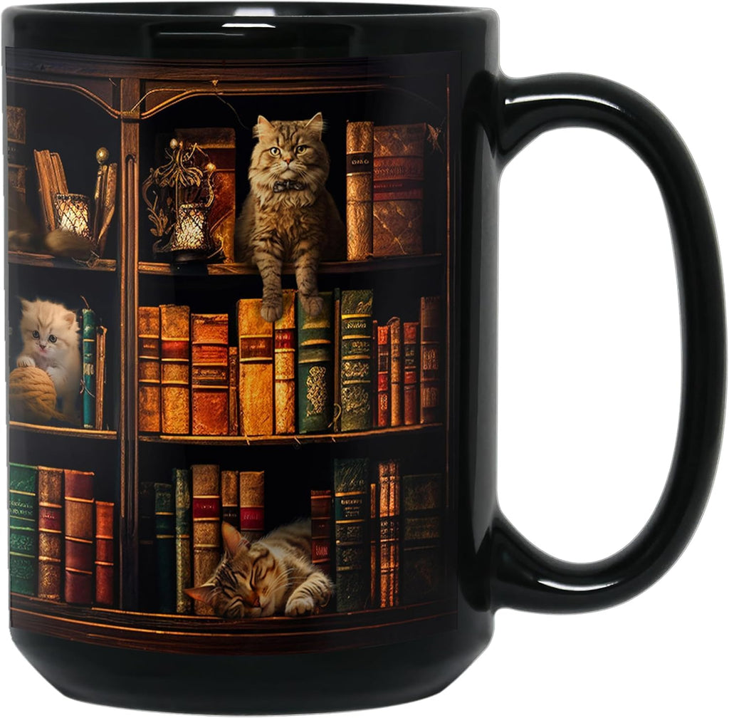 Cat Book Mug Book Lovers Gifts for Readers - Books Lover Bookish Gifts for Bookworm Women - Library Bookshelf Mug - Best Gift for Cat Lover - Reading Writer Women Black Coffee Cup 11oz