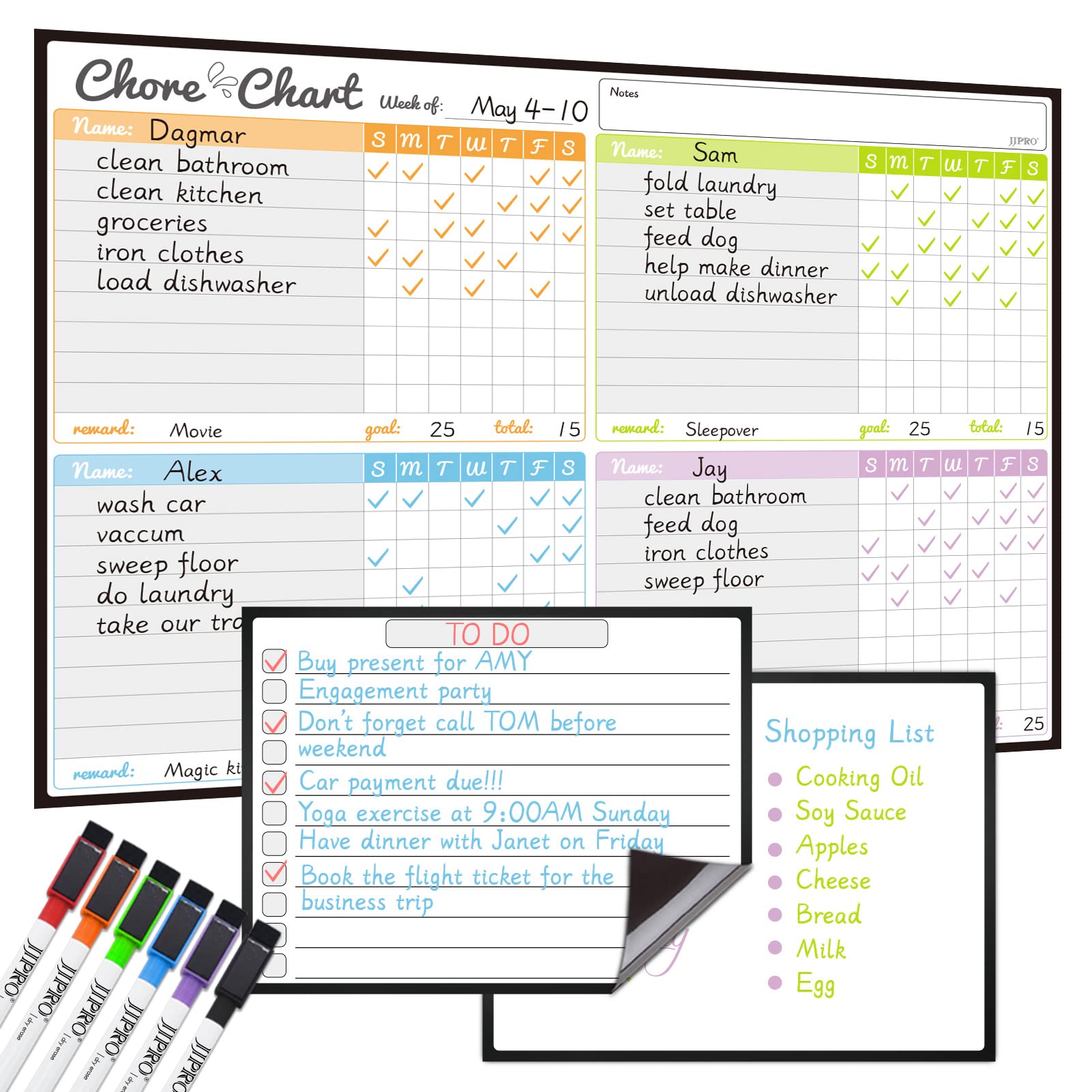Magnetic Dry Erase Chore Chart Set for Fridge - Used for Multiple Kids - One Chore Chart and Two Bonus Dry Erase Pad/Grocery Boards - 6 Dry Erase Extra Fine Tips Markers Included!
