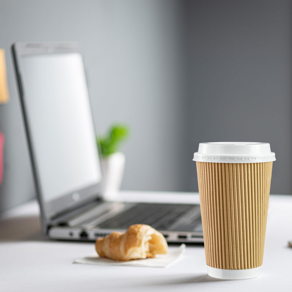 GUSTO [16 oz. - 50 Sets] Insulated Kraft Ripple Paper Hot Cups, Disposable Coffee Cups with Lids - Ideal for Hot Beverages, Travel, and Office Use - Formerly Comfy Package