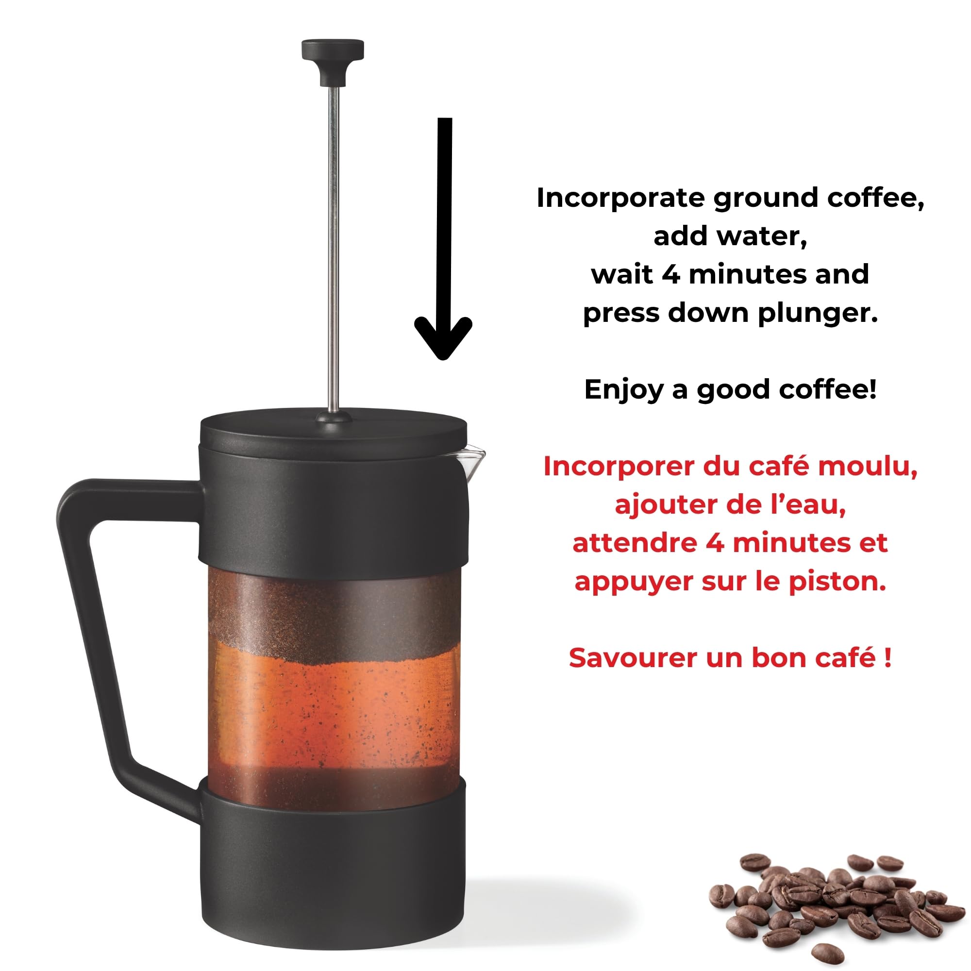 Starfrit Gourmet French Press Coffee Maker - 34 oz (1 L) – 4 Minute Brew - Borosilicate Glass - Stainless Steel Filter – Perfect for Coffee and Tea – Black