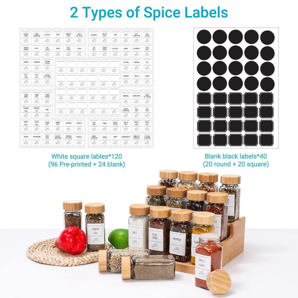 16 Pack 4oz Glass Spice Jars with Bamboo Lids,Clear Square Spice Containers Bottles with Shaker Lids,120 Spice Labels,1 Funnel and 1 Brush for Kitchen Storage