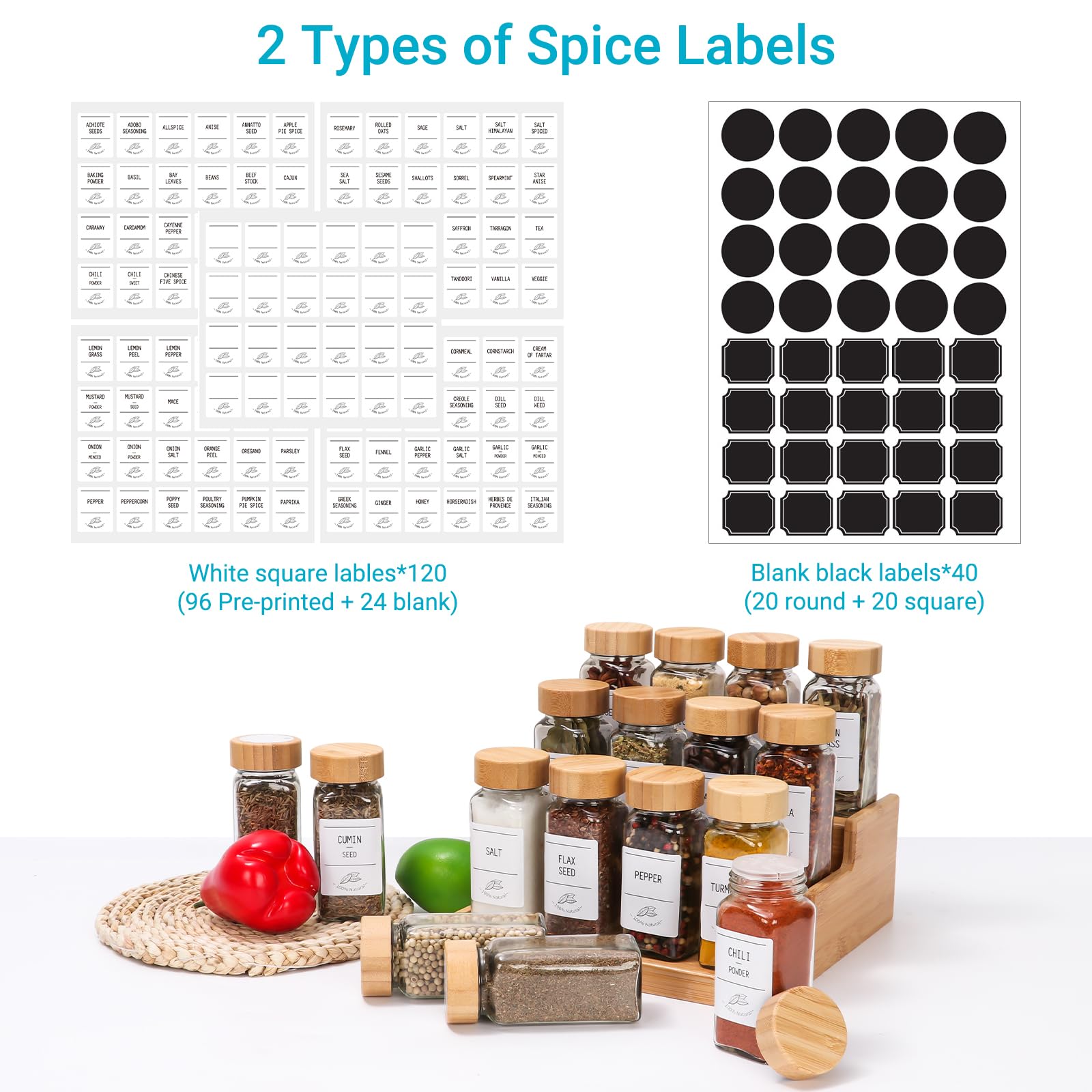 16 Pack 4oz Glass Spice Jars with Bamboo Lids,Clear Square Spice Containers Bottles with Shaker Lids,120 Spice Labels,1 Funnel and 1 Brush for Kitchen Storage