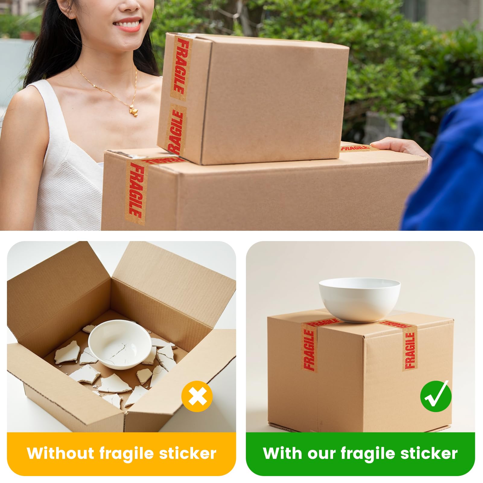 ADHES Fragile Tape Kraft Paper Tape - 2in x 55yds, 3 Rolls, Strong Adhesive, Eco-Friendly Biodegradable Paper Packing Tape for Shipping & Moving, Heavy Duty Protection for Fragile Items