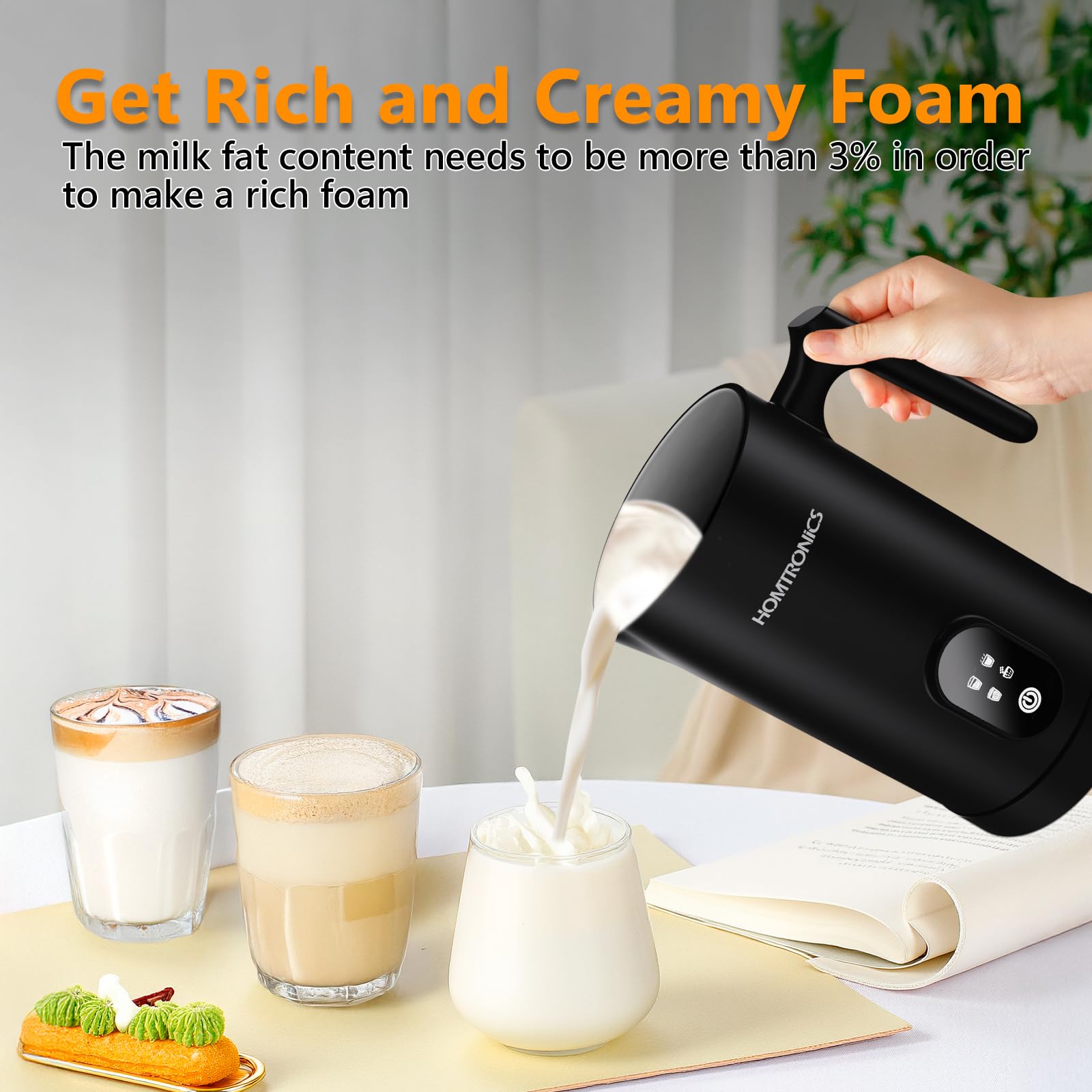 Milk Frother 4 in 1, [Upgraded 14.5 oz/430ml Capacity] 304 Stainless Steel Electric Milk Frother and Steamer with Cold & Hot Froth for Latte Cappuccino, Homtronics Automatic Coffee Foam Maker