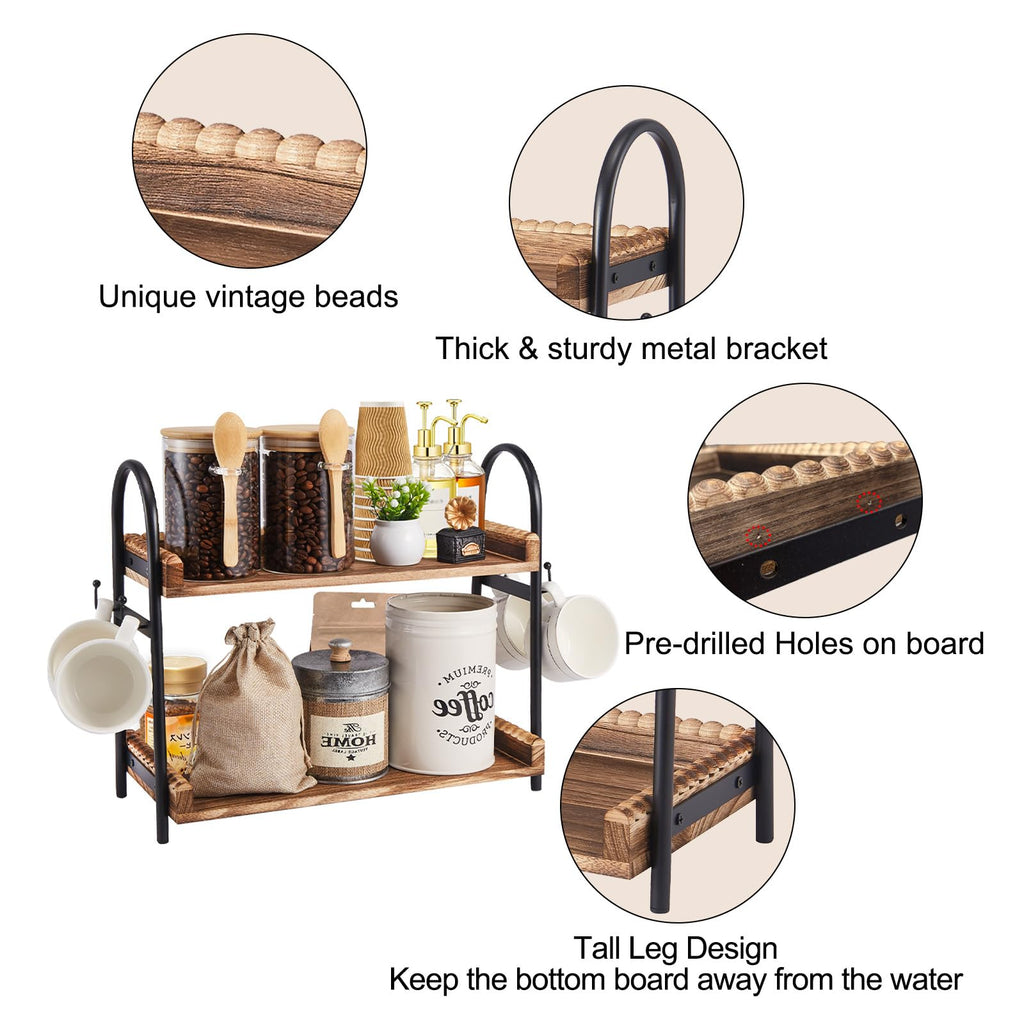 Coffee Bar Accessories, 2-Tier Coffee Bar Organizer with 4 Coffee Cup Holder Hooks, MUL-tifunctional Wooden Beaded Coffee Station Countertop Stand Shelf for Kitchen Home Office