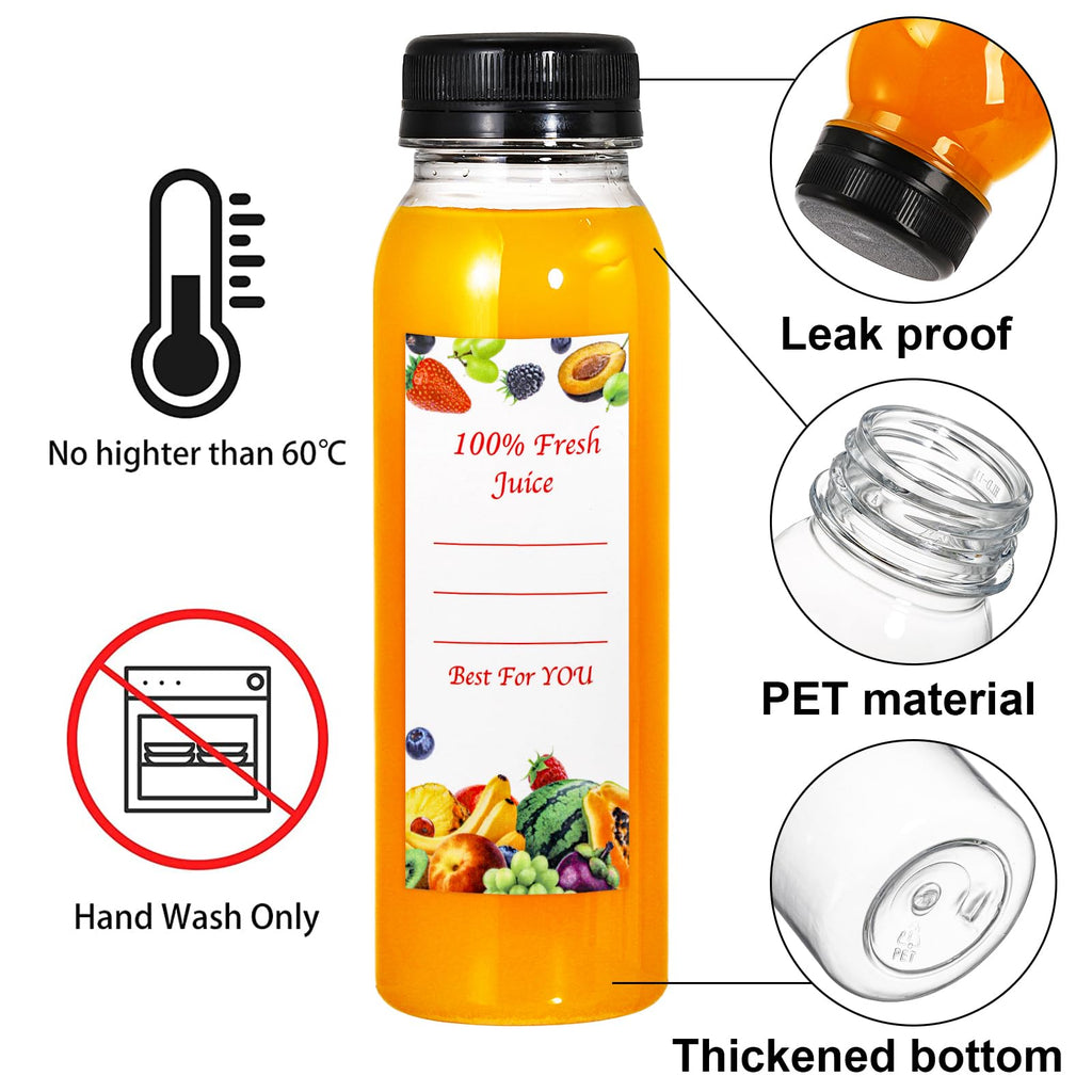 YOUEON 24 Pcs 8 Oz Empty Plastic Juice Bottles with Tamper Evident Caps, Reusable Water Bottles, Juice Containers with Labels, Funnel and Brush for Drinks, Juices, Smoothies and Other Beverages