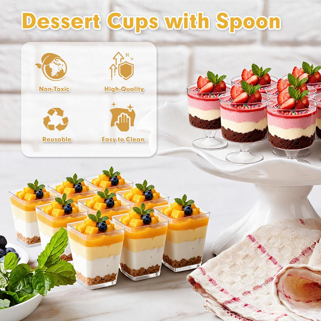 mwellewm 300 Pack Mini Plastic Dessert Cups with Spoons, 5 OZ Square Parfait Glasses for Party, Reusable Fruit Ice Cream Pudding Appetizer Bowls
