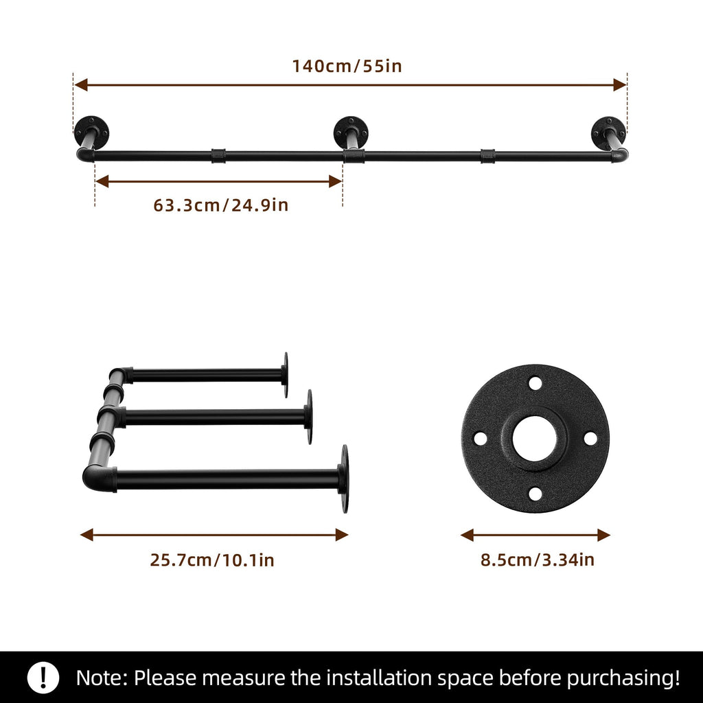 Pickpiff Vintage Clothes Rack, 55" Industrial Pipe Wall Mount Garment Rack, Space-Saving Heavy Duty Clothes Hanger for Closet Storage, 3 Bases, 1-Pack with 6 S-Hooks