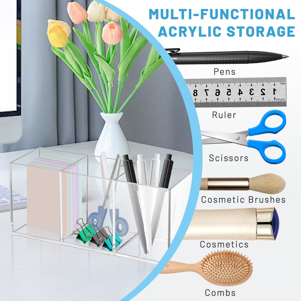 Realand 2Pcs Acrylic Pen Holder for Desk, 3 Compartments Clear Makeup Brush Holder Organizer, Pen Cup for Pencil Marker