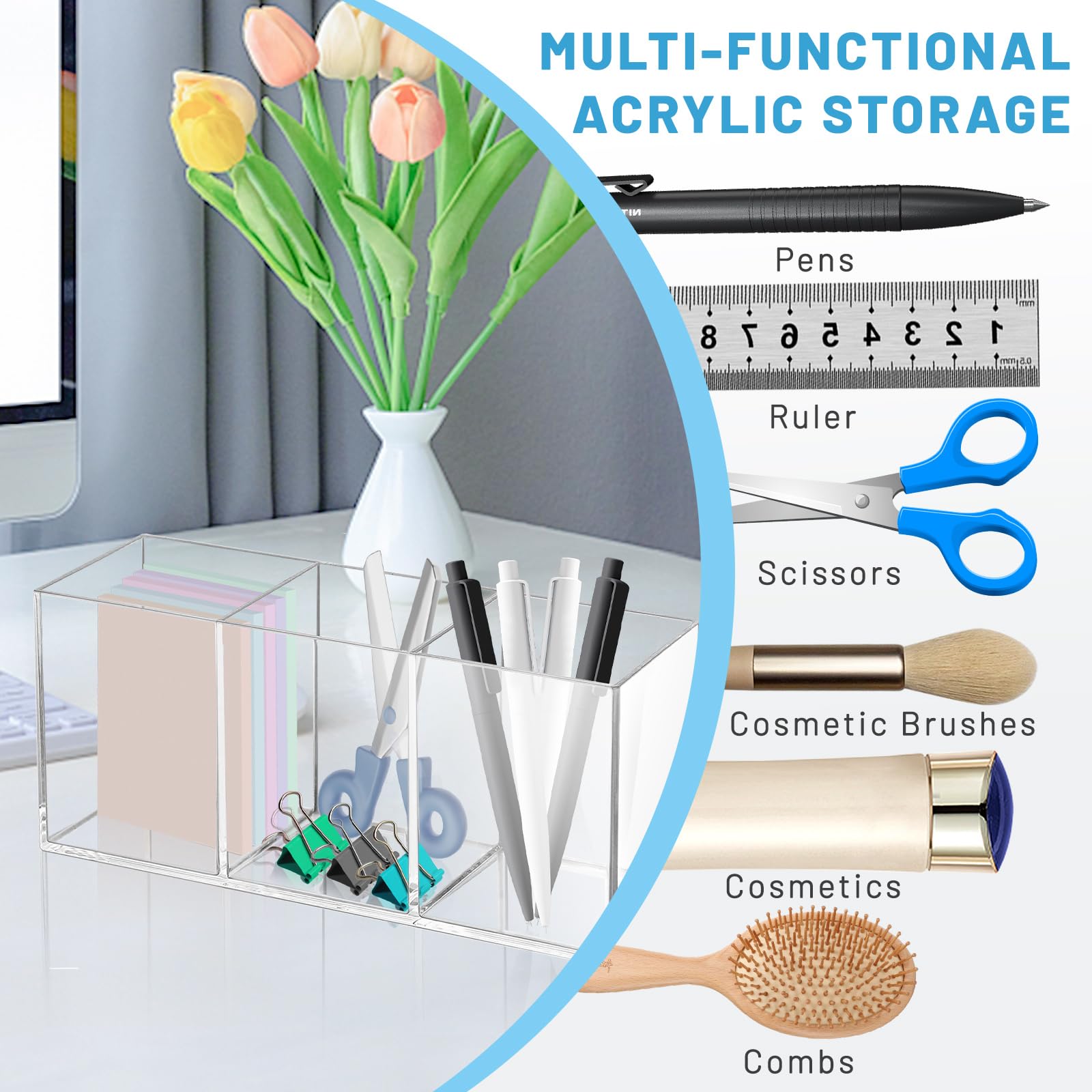 Realand 2Pcs Acrylic Pen Holder for Desk, 3 Compartments Clear Makeup Brush Holder Organizer, Pen Cup for Pencil Marker