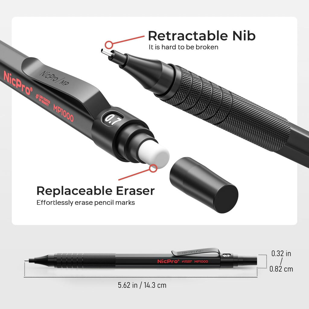 Nicpro 30PCS Black Metal Mechanical Pencils Set in Leather Case, Art Drafting Pencil 0.5, 0.7, 0.9 mm, 2mm Lead Pencil Holders for Sketching Drawing With 16 Tube (6B 4B 2B HB 2H 4H Colors)Lead Refills
