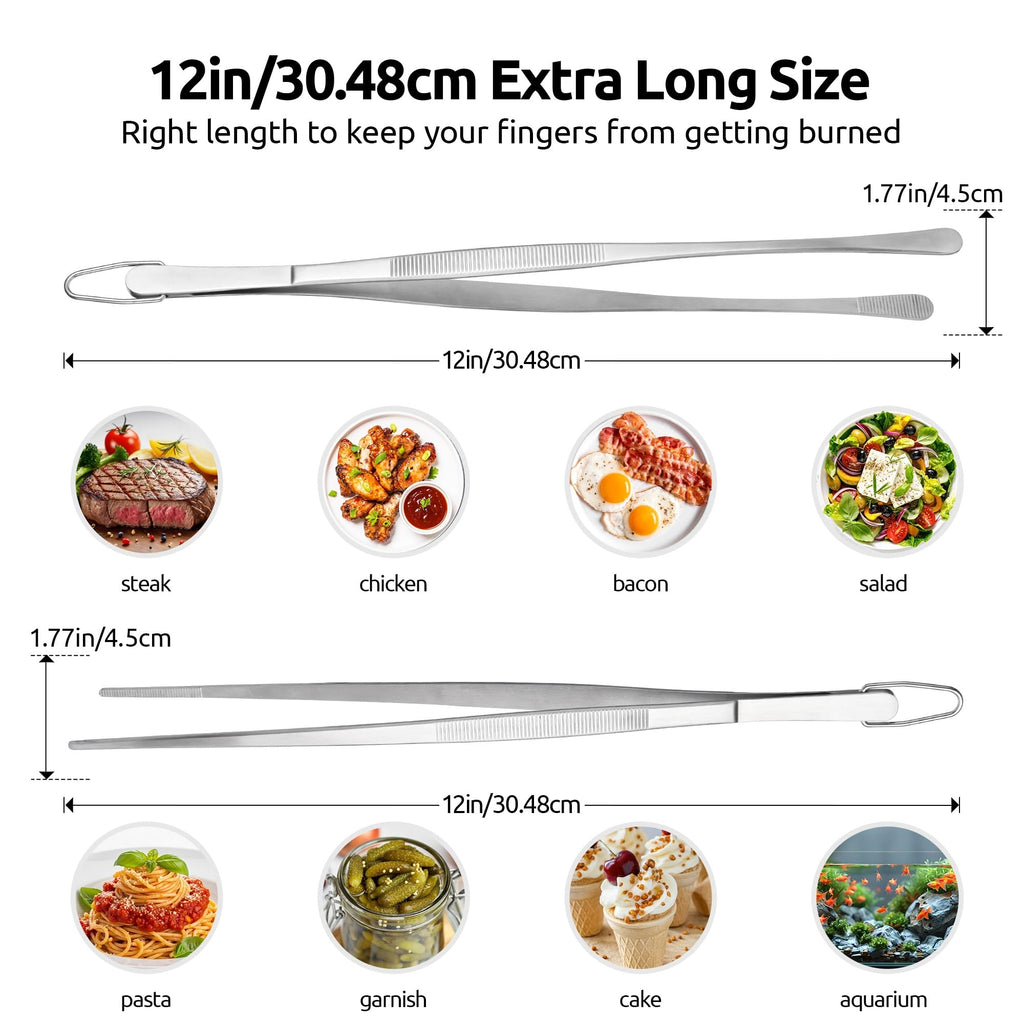 U-Taste 12" Kitchen Tweezer Tongs Set: 18/8 Stainless Steel Food-Grade Metal Cooking Tong, Flexible Pinching, Seamless-Welding, Non-Slip for Serving, Grilling, Frying, Feeding (Round & Pointed Tip)