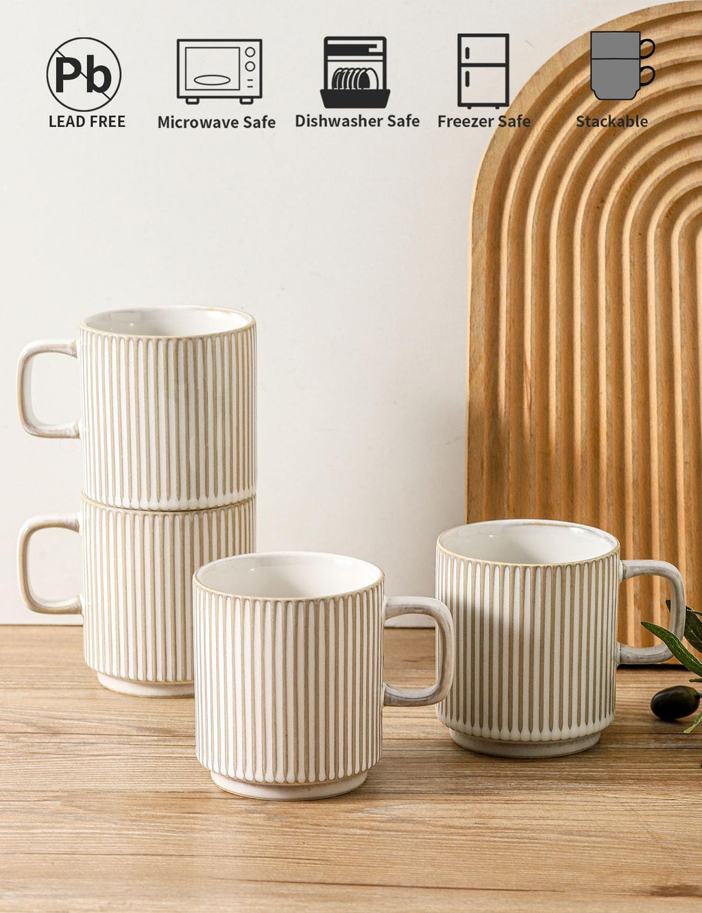Seyatoo Coffee Mugs Set of 4, Ceramic Ribbed Coffee Mug, Tea Coffee Cups Set with Handle, Porcelain Mug for Americano, Latte, Cappuccino, Hot Chocolate, Glazed White
