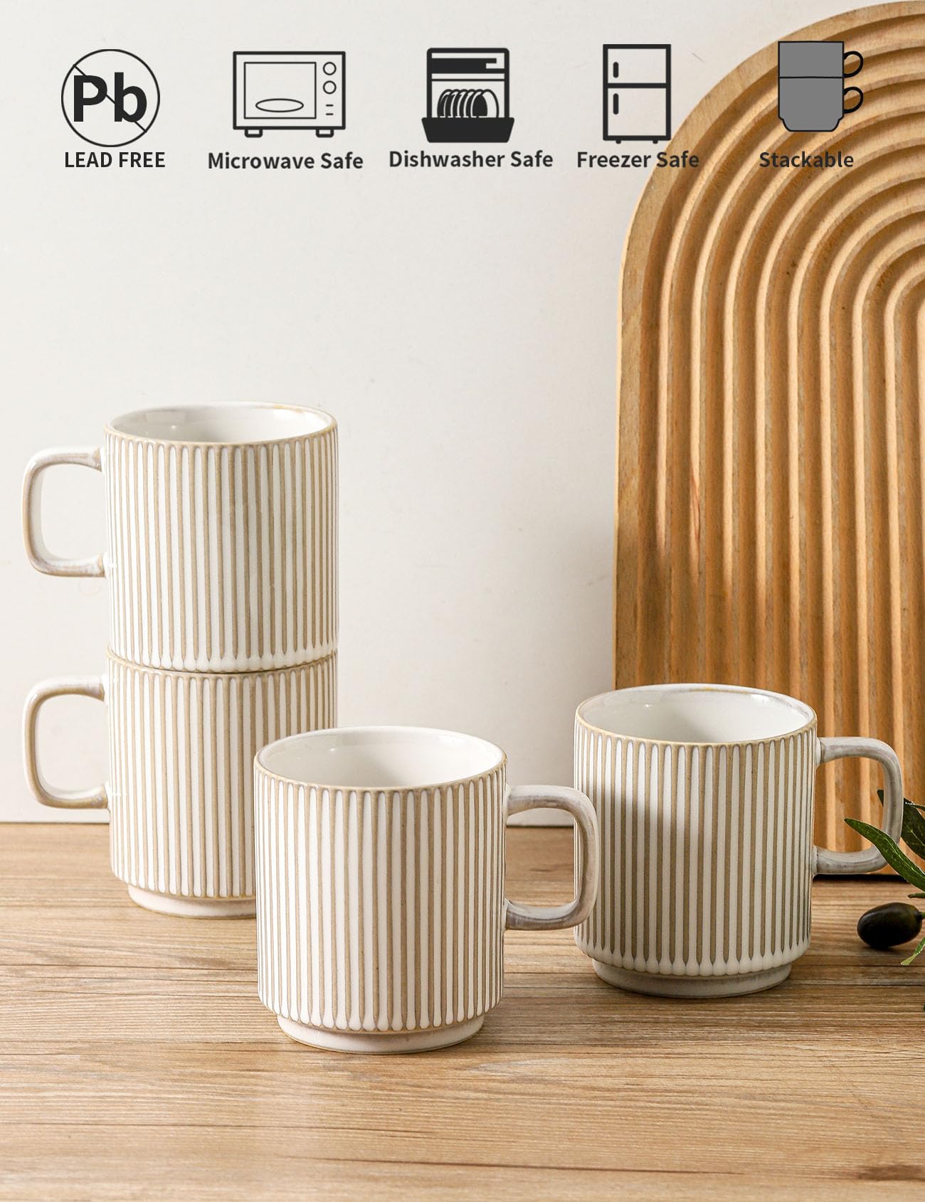 Seyatoo Coffee Mugs Set of 4, Ceramic Ribbed Coffee Mug, Tea Coffee Cups Set with Handle, Porcelain Mug for Americano, Latte, Cappuccino, Hot Chocolate, Glazed White