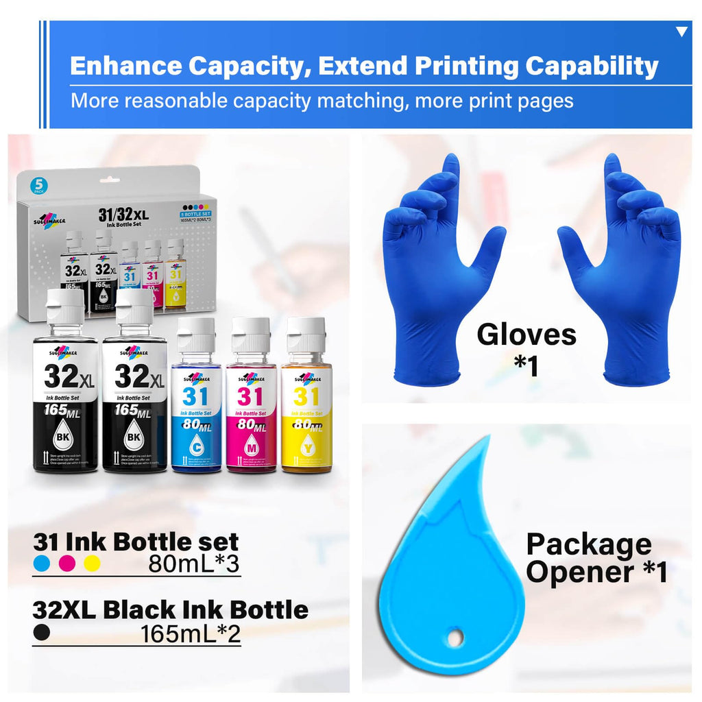 32XL Black Ink Bottle, 31 Ink Bottle Set Compatible Replacement for HP Smart Tank 6001 5101 7301 7602 5000 5103 7300 Ink Refill, 31 32XL Ink Bottles Set for Smart Tank Plus 651 551 All-in-One Printer
