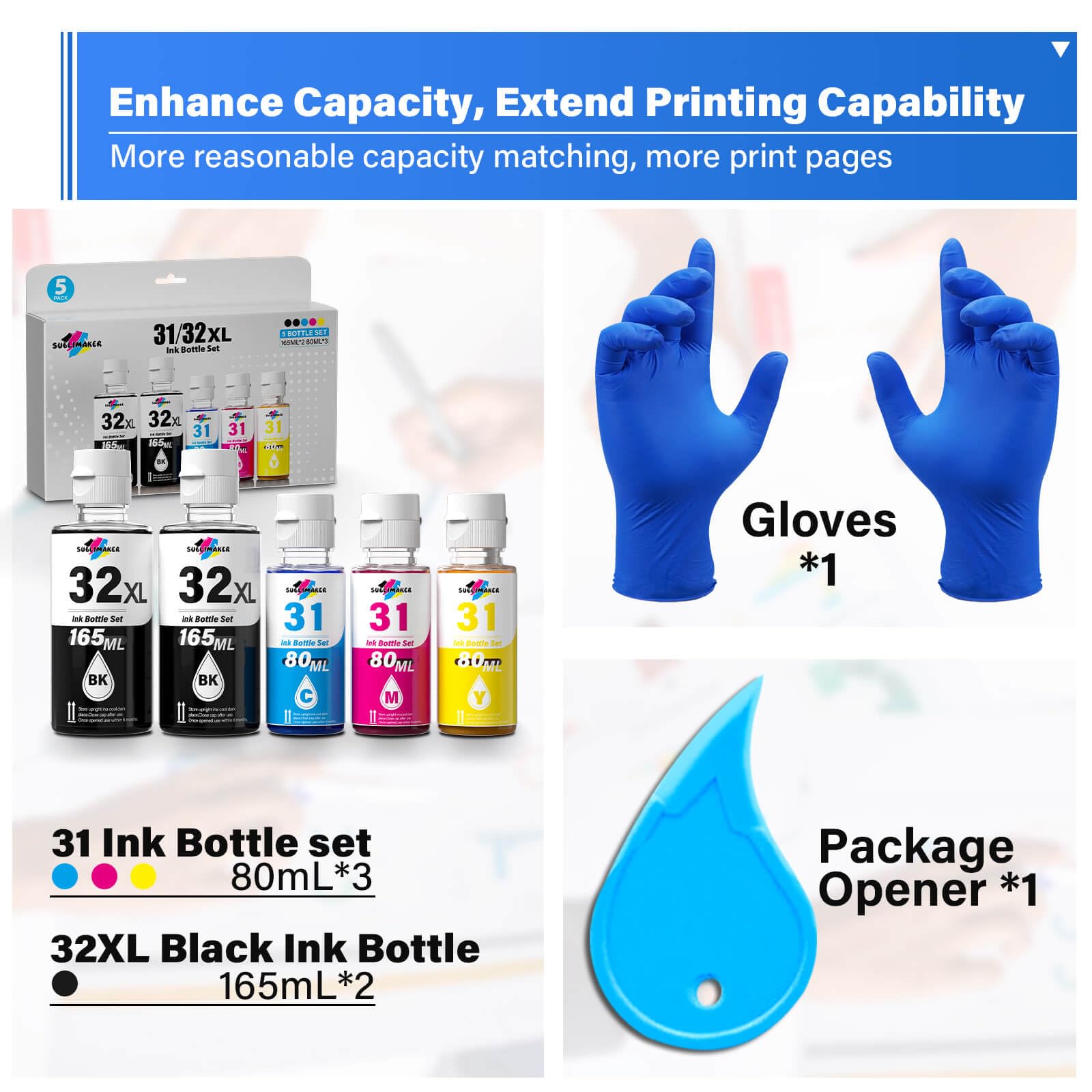 32XL Black Ink Bottle, 31 Ink Bottle Set Compatible Replacement for HP Smart Tank 6001 5101 7301 7602 5000 5103 7300 Ink Refill, 31 32XL Ink Bottles Set for Smart Tank Plus 651 551 All-in-One Printer