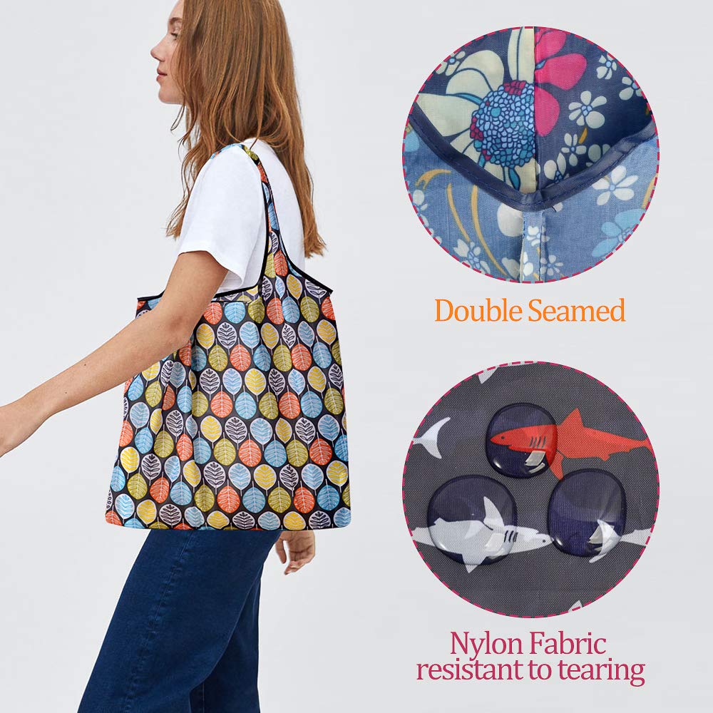 10 Pack Reusable Grocery Shopping Bags, SZUAH Foldable Shopping Bags Grocery Tote with Attached Pouch,Machine Washable Eco-Friendly
