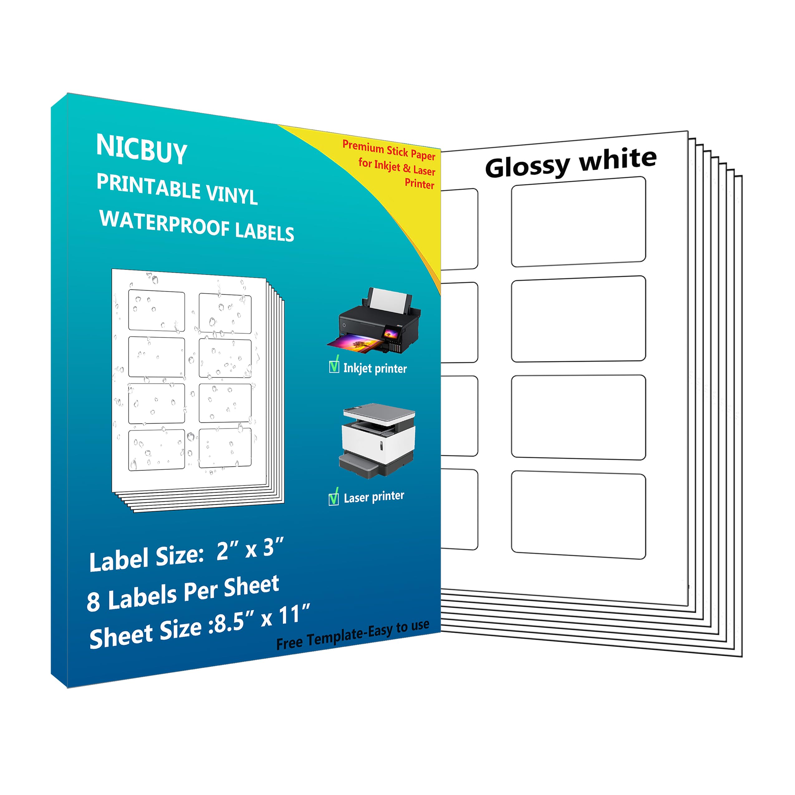 2x3 inch Bottle Labels Printable Glossy White Waterproof Vinyl Sticker Labels 160 Labels for Inkjet or Laser Printer