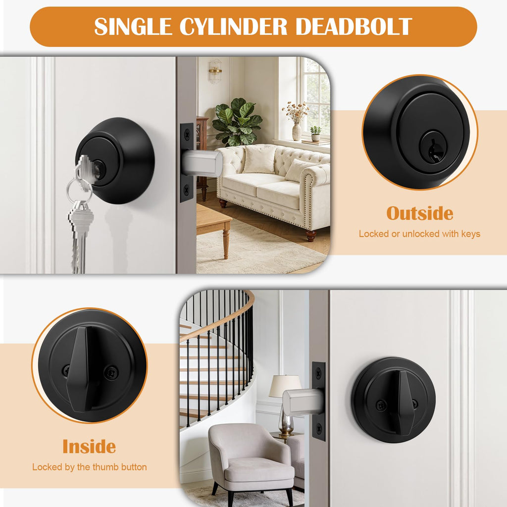 Probrico Single Cylinder Deadbolt Lock Black,Keyed Deadbolt Lock 3 Keys Interior& Exterior Door Hardware (for Entrance Lock and Front Gate Doors)