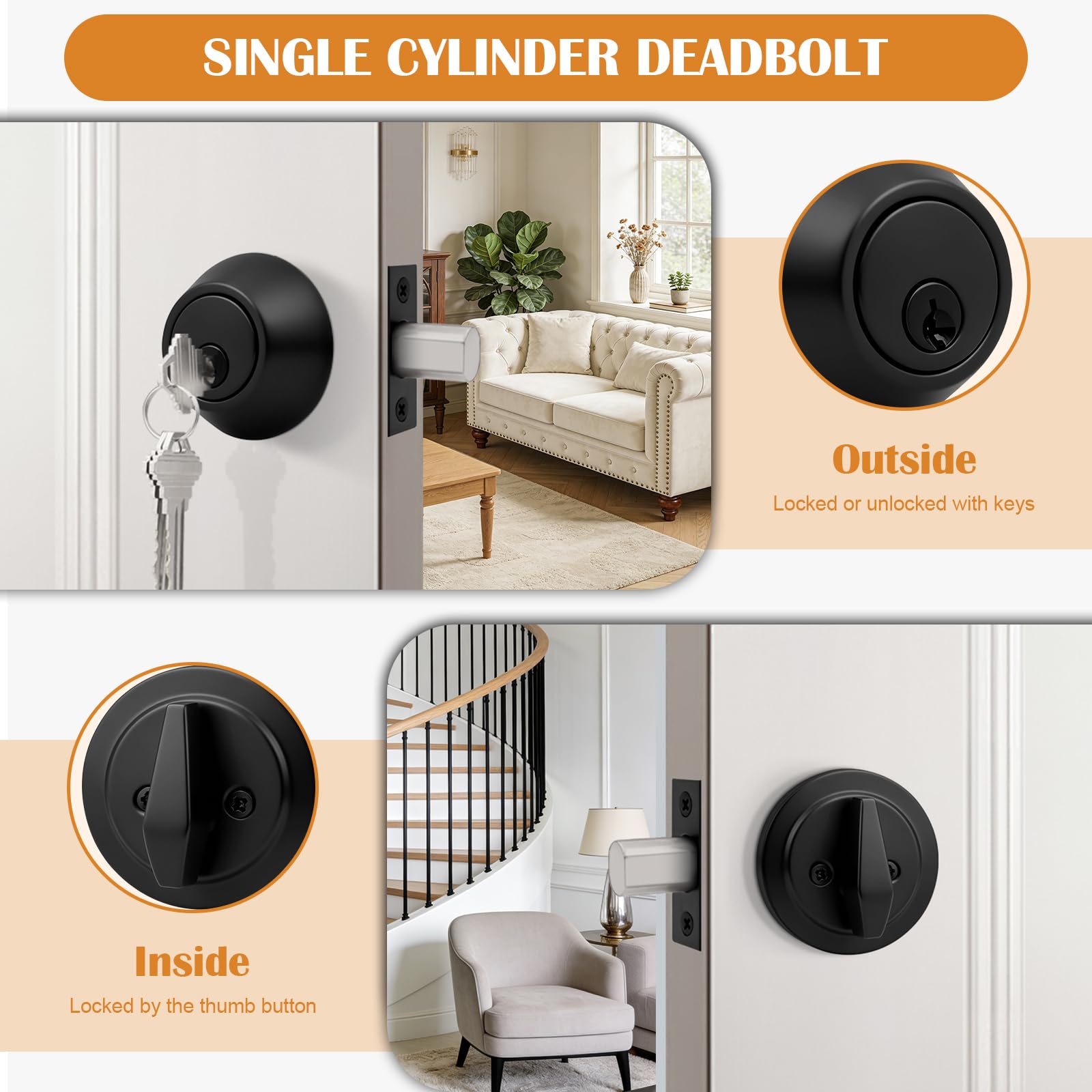 Probrico Single Cylinder Deadbolt Lock Black,Keyed Deadbolt Lock 3 Keys Interior& Exterior Door Hardware (for Entrance Lock and Front Gate Doors)