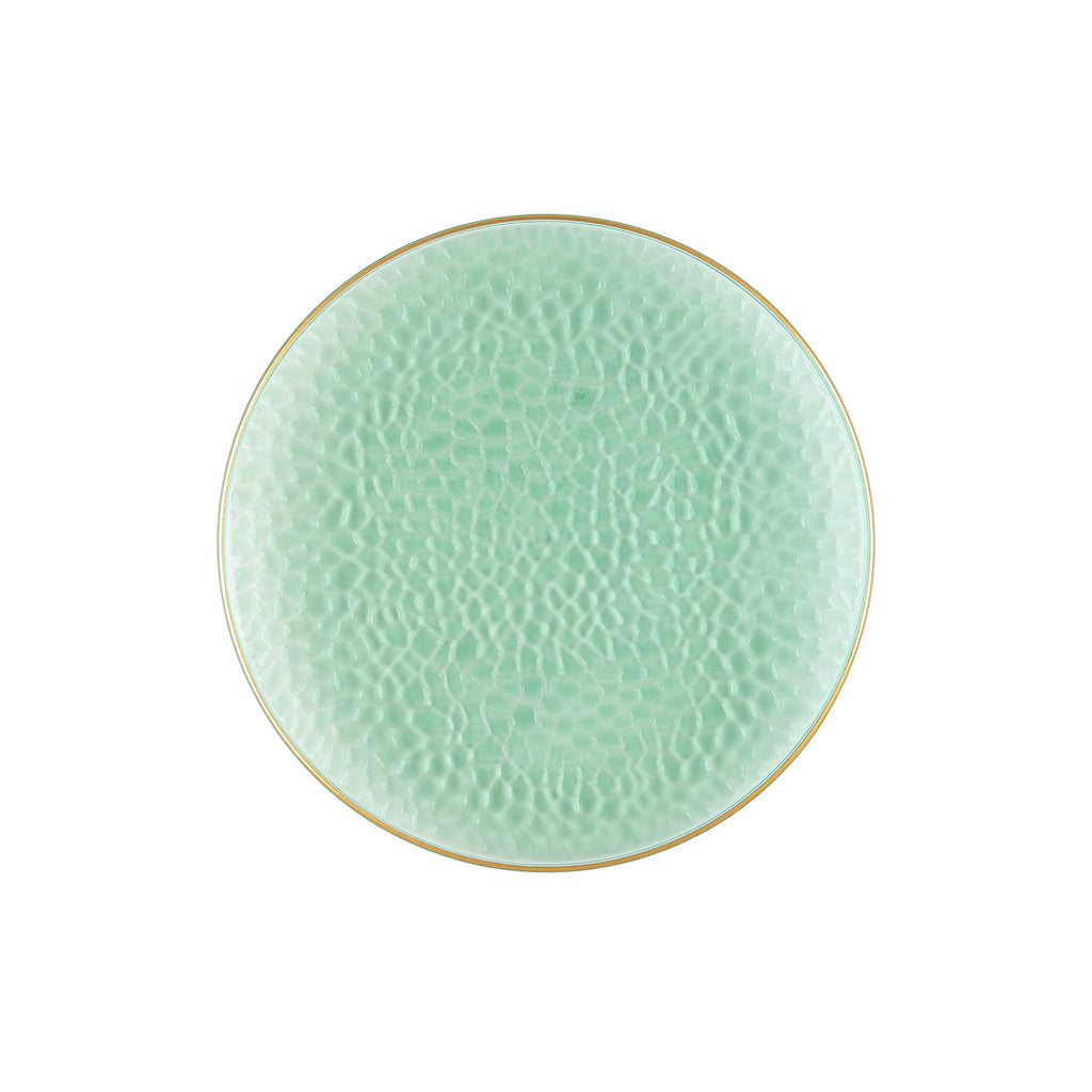 PLASTICPRO 30 Pack Hammered Plastic Plates Heavyweight Disposable Plastic Plates Elegant Clear Hammered Rim Platsic Party Dishes (Hamered Green With Gold Rim, 7'' INCH PLATES)
