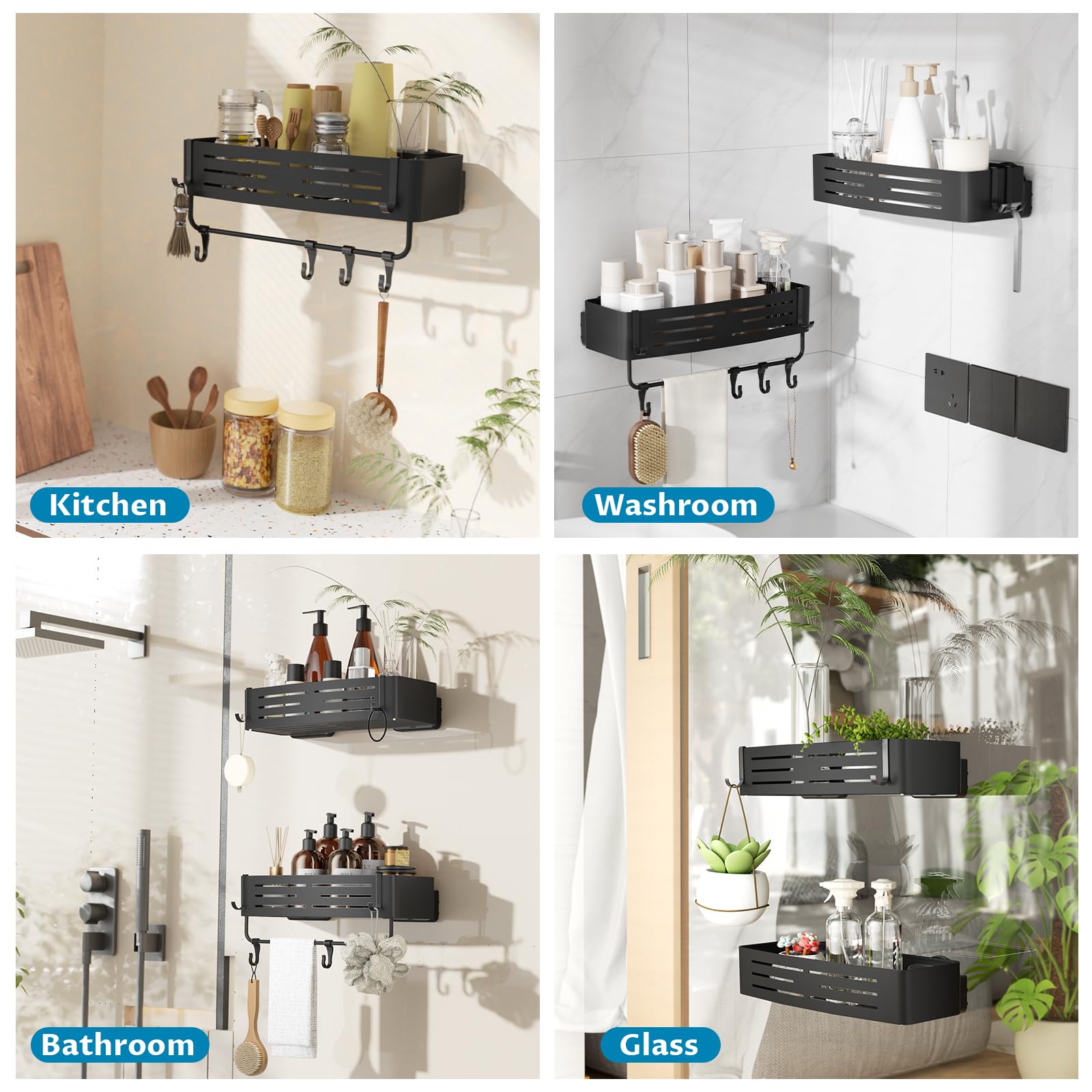 Suction Cup Shower Caddy, 2-Pack Shelf Organizer for Bathroom, Bathroom Suction Shelves with Portable Hooks, Shower Caddies Corner with Towel Bar,Matte Black