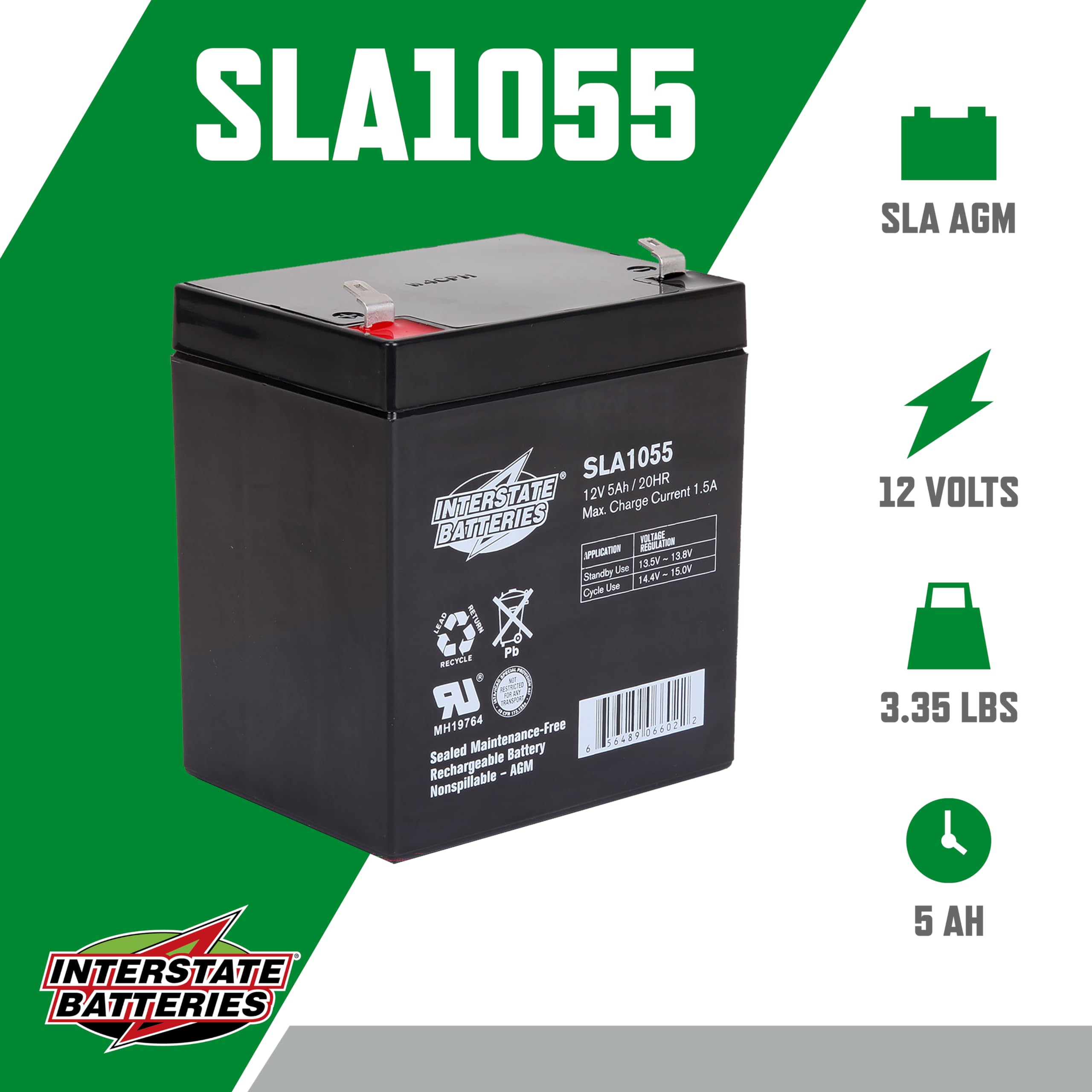 Interstate Batteries 12V 5Ah Battery (SLA1055) - SLA/AGM Replacement Battery for Alarm Systems, Security, Garage Door Openers for Chamberlain, Genie, Liftmaster, Craftsman, Workhorse (F1 Terminals)