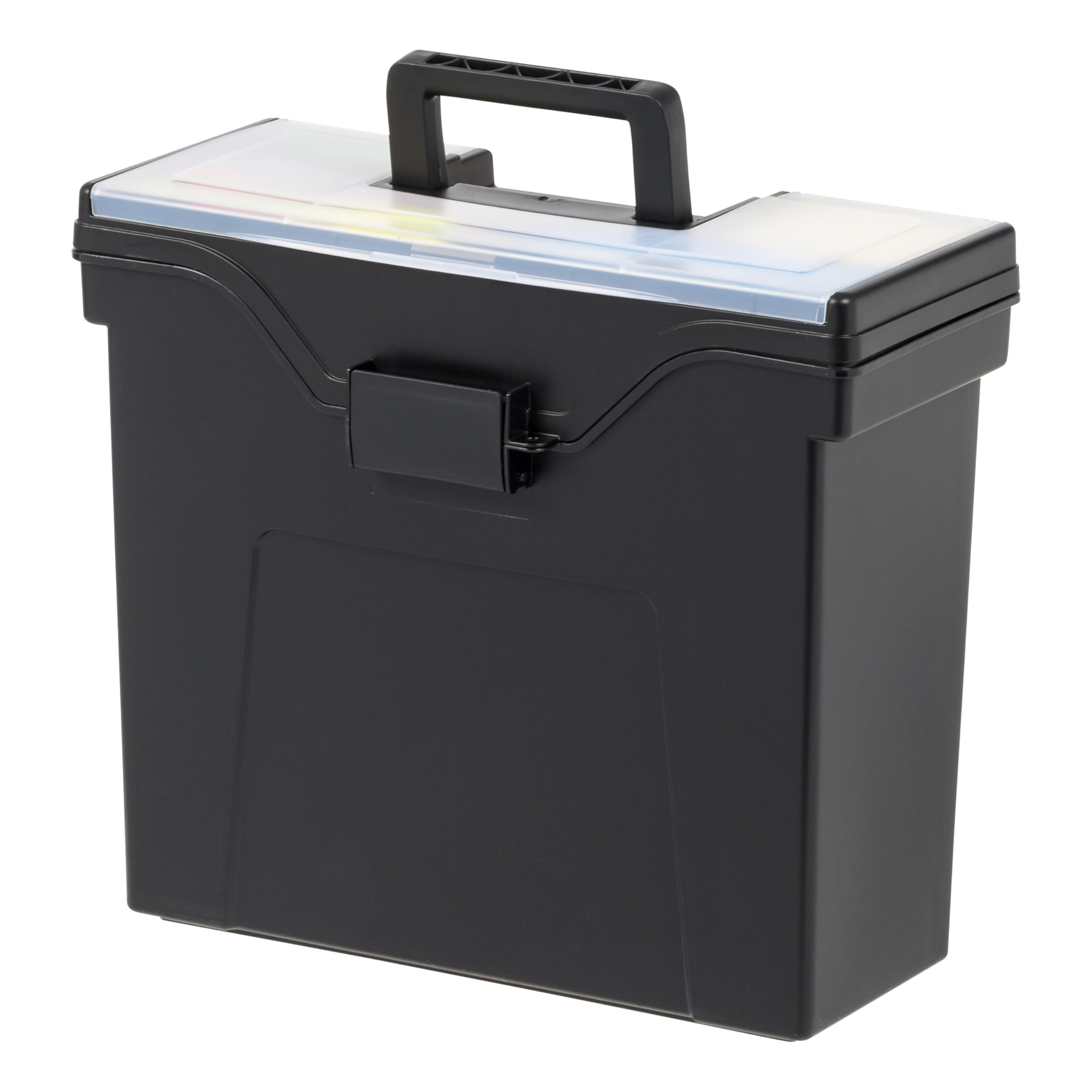 IRIS USA Portable File Box With Handle, Slim w/Organizer Lid, Plastic File Organizer Box for Letter Files, Hanging Filing Folder Organizer, Lockable, Secure Buckle, Black