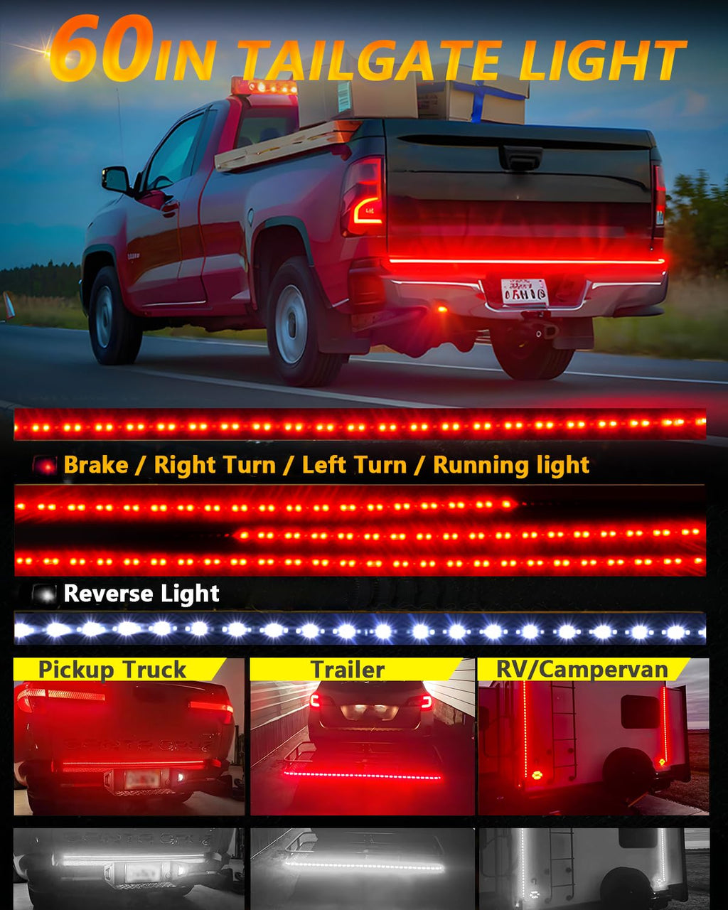 60inch Truck Tailgate Light Strip Bar, White/Red Reverse Light Brake Rear Turn Signal LED Strip for Pickup Trailer Cargo Tailgate Running Flash Light