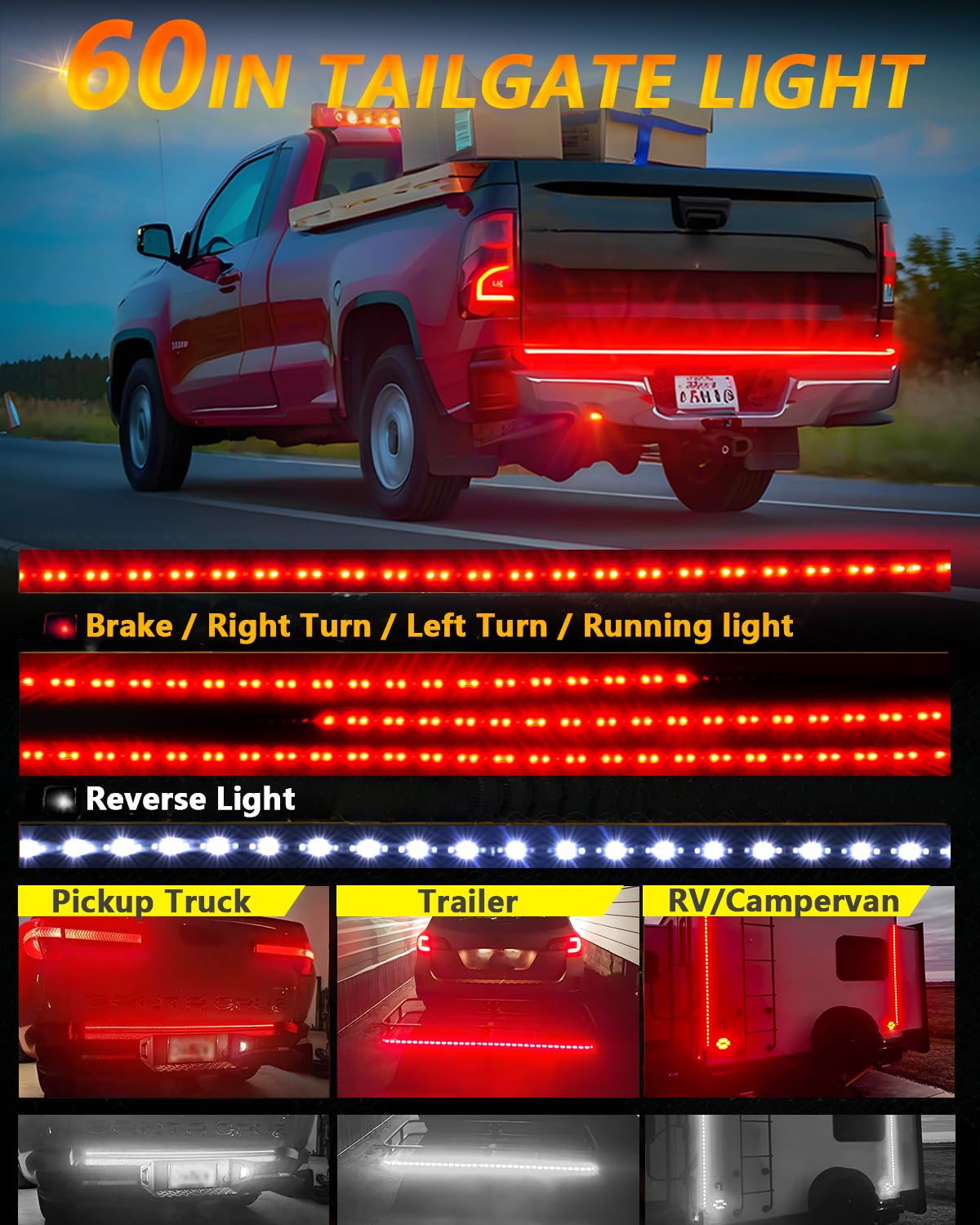 60inch Truck Tailgate Light Strip Bar, White/Red Reverse Light Brake Rear Turn Signal LED Strip for Pickup Trailer Cargo Tailgate Running Flash Light