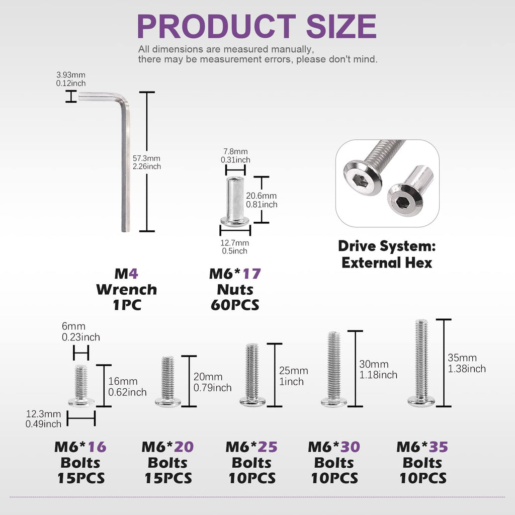Swpeet 120Pcs M6x16mm/20mm/25mm/30mm/35mm Nickel Plated Sliver Hex Drive Socket Cap Bolts Barrel Nuts Kit with 1Pcs Allen Wrench, Screw Post Fit for Furniture Countsunk Belt Leather Binding Bolts