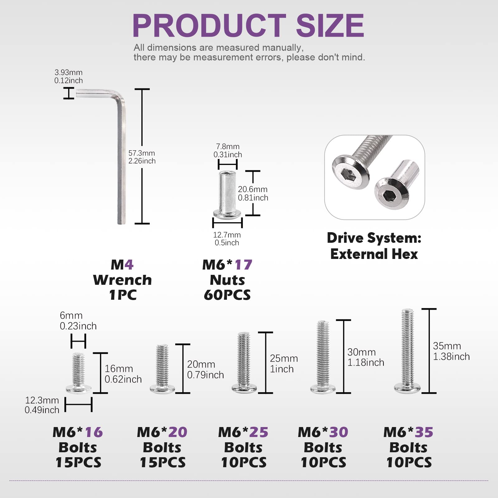 Swpeet 120Pcs M6x16mm/20mm/25mm/30mm/35mm Nickel Plated Sliver Hex Drive Socket Cap Bolts Barrel Nuts Kit with 1Pcs Allen Wrench, Screw Post Fit for Furniture Countsunk Belt Leather Binding Bolts