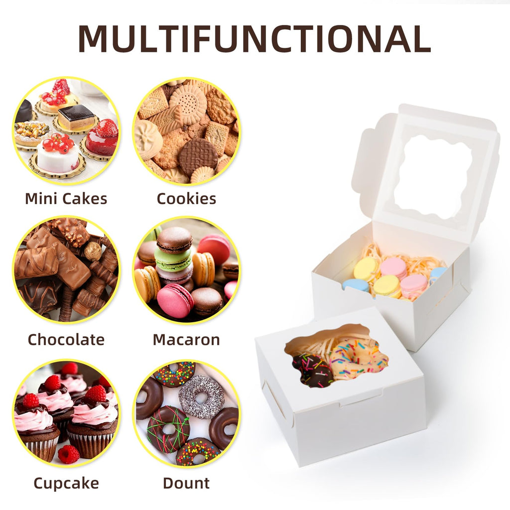 50 Pcs White Bakery Boxes with Window, 6x6x3 inches Cookie Boxes Macaroon Boxes Small Treat Boxes Mini Cake Boxes for Dessert, Pastry, Sturdy Take Out Container for Party Wedding Favor