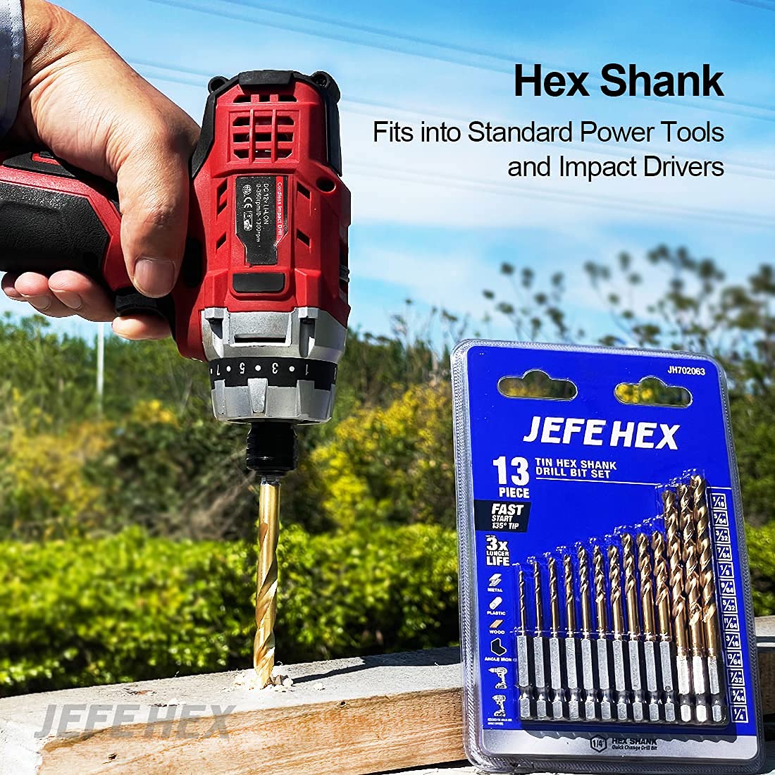 JEFE HEX 13-Piece Drill Bits Set-1/16" 5/64" 3/32" 7/64" 1/8" 9/64" 5/32" 11/64" 3/16" 13/64" 7/32" 15/64" 1/4", Hex Shank Drill Bit Set for Quick Change, Titanium HSS Twist Drill Bits, 135 Degree Easy Cut Split Point, Ideal for Wood, Steel, Copper, Alumi