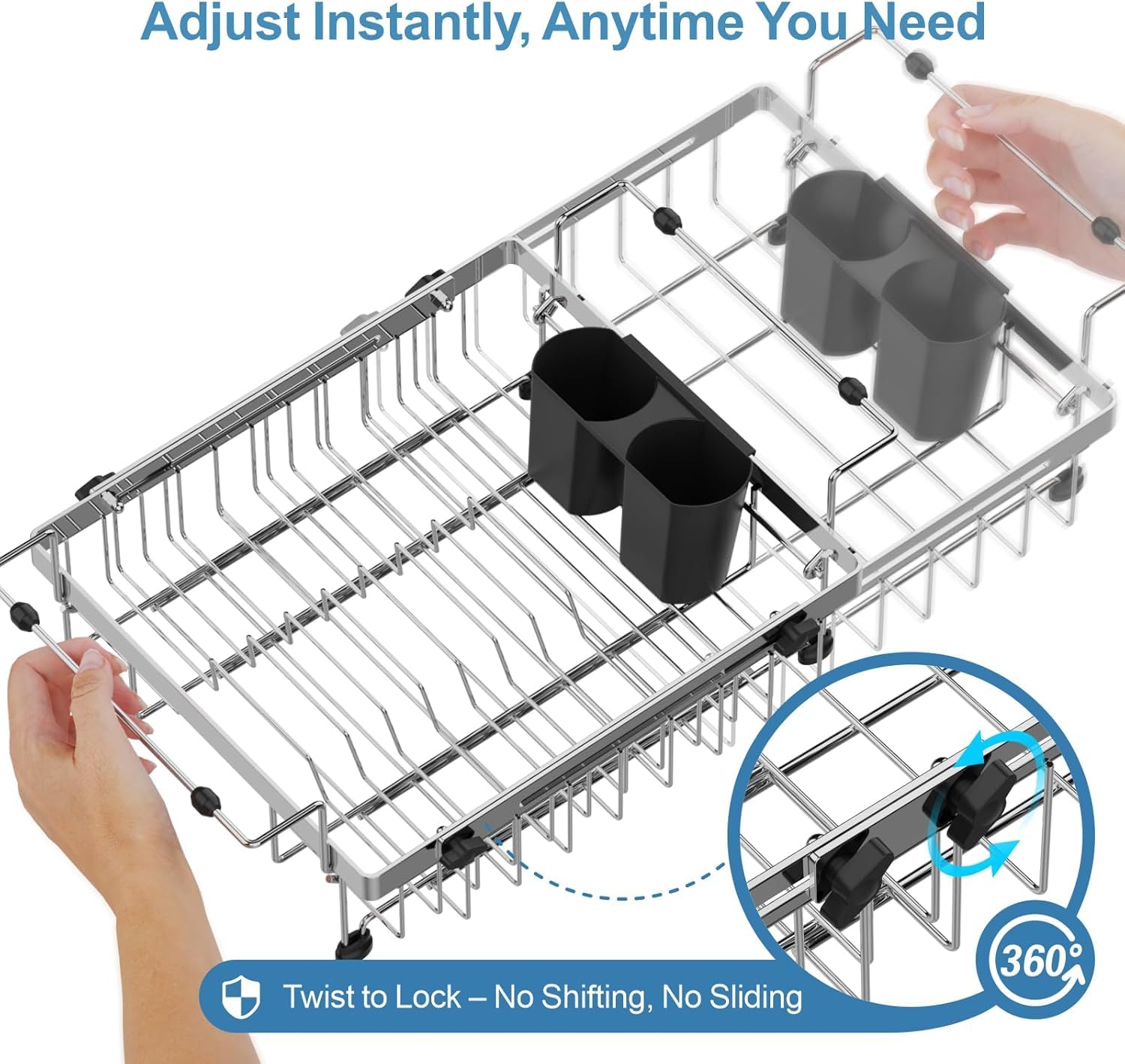 GSlife in Sink Dish Drying Rack - Stainless Steel Capacity Expandable Over The Sink Dish Drainer with Lock Knob and Utensil Holder for Kitchen Sink, 27.4-45.5 L x 32.5 W x 14.5 H cm, Silver