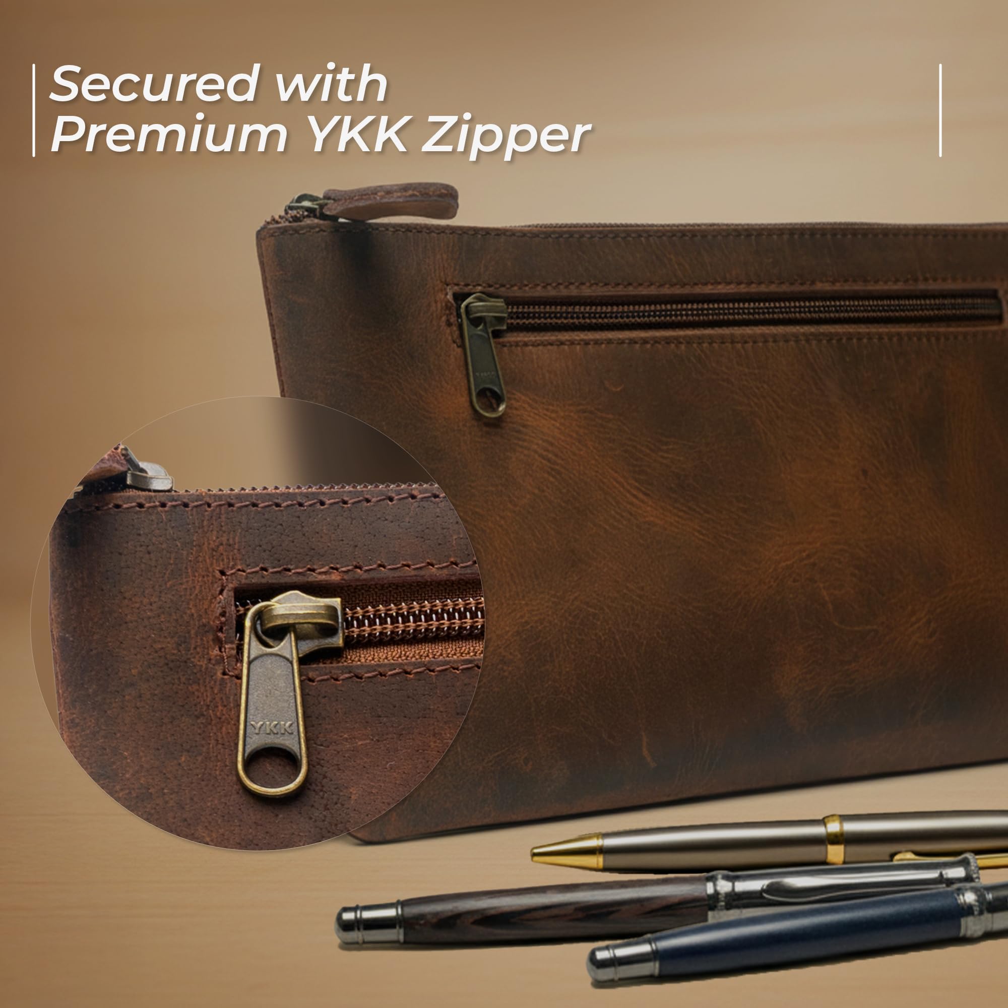 Wanderings Vintage Leather Pencil Pouch Case - 9"x5.5" / 23 x 14 cm - Hand Crafted Functional Brown Leather Zipper Pouch - Pencil Bag for Artists, Travel Makeup, Jewelry, and Purse Bag