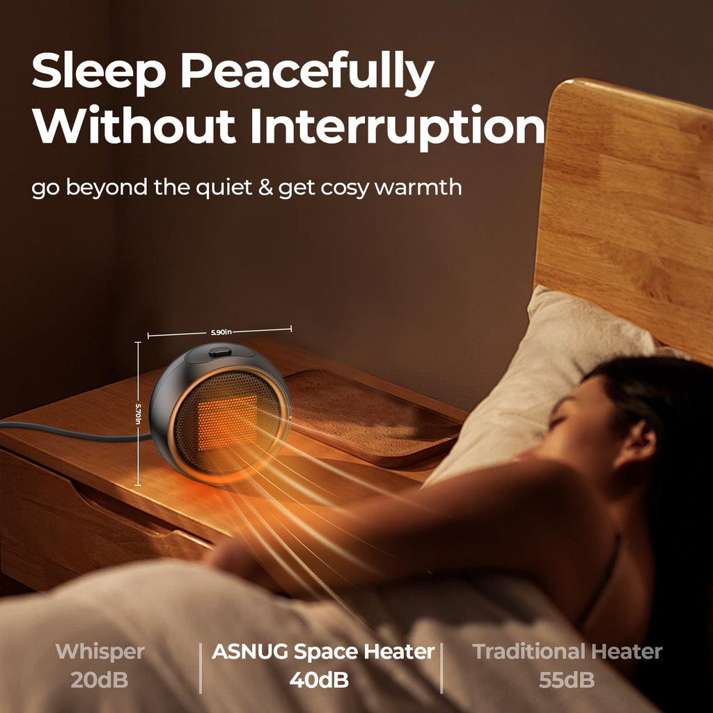 ASNUG Space Heater, Portable Electric Heaters for Indoor Use, PTC Ceramic Small Heater, 2S Efficient Heating, Tip-0ver & Overheat Protection, Quiet Mini Desk Heaters for Bathroom Home Office,Black