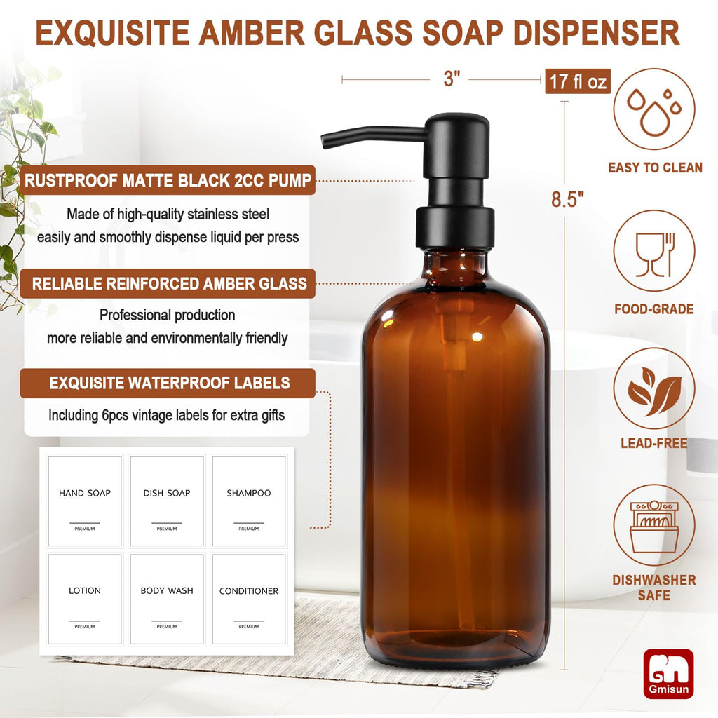 GMISUN Soap Dispenser, 2 Pack Bathroom Hand Soap Dispenser with Rustproof Stainless Steel Pump, Amber Glass Dish Soap Dispenser Set for kitchen, Hand and Dish Soap Dispensers Sets, Liquid Soap Bottles