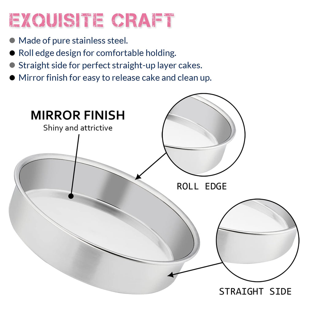 8 Inch Cake Pan Set of 3, E-far Stainless Steel Round Layer Cake Baking Pans, Non-Toxic & Healthy, Mirror Finish & Dishwasher Safe