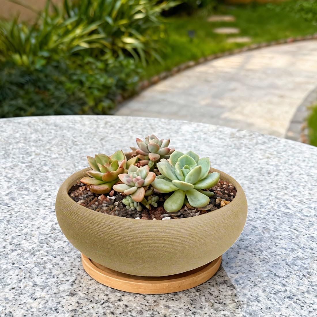 MUZHI Round Unglazed Ceramic Bonsai Pot with Bamboo Tray, Large Rough Pottery Succulent Planter with Drainage Hole 8 inch (6.5”)