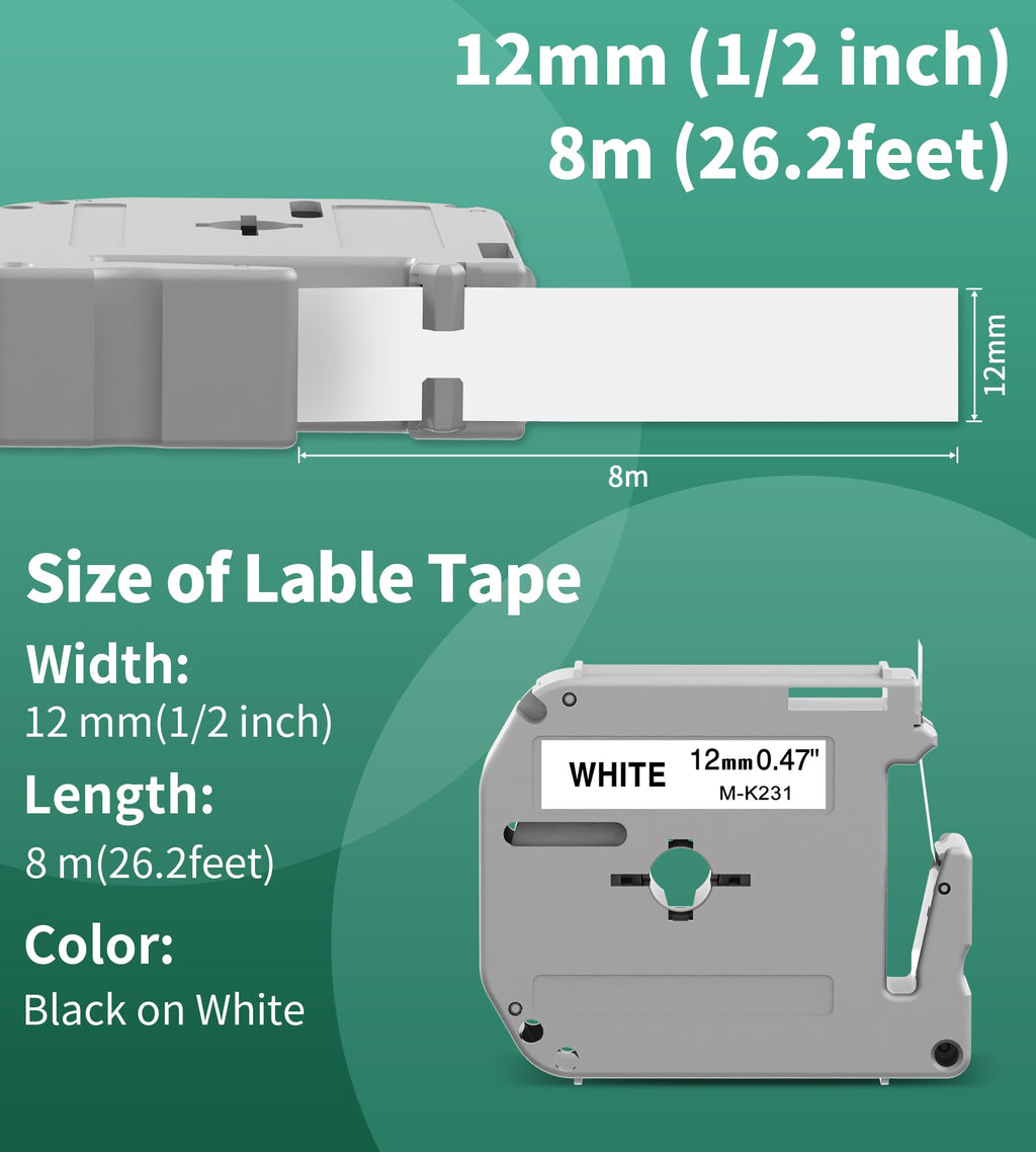 M-K231 M-K231S Label Tape Replacement for Brother M-K231 12mm 0.47 M Tape Compatible with Brother P-Touch PT-M95 PT-90 PT-65 PT-70 PT85 Label Maker,Black on White, 1/2'' x 26.2', 4P