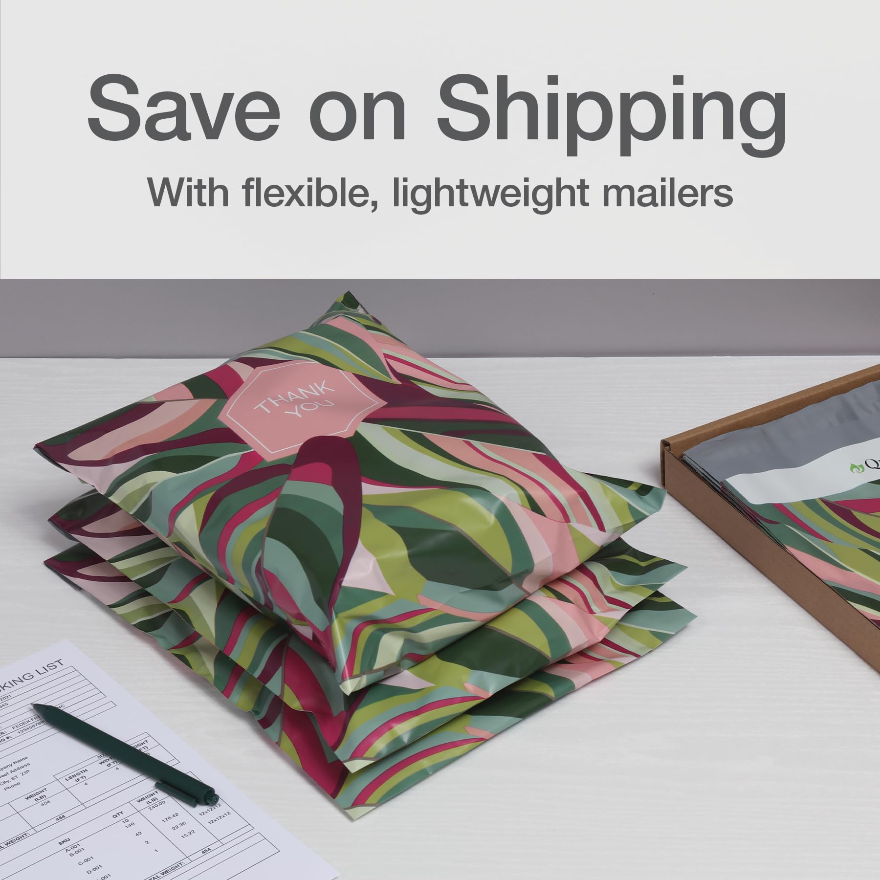 Quality Park Thank You Poly Mailers, 10 x13 Inch Shipping Envelopes, 100 Pack, Self Seal, Waterproof Shipping Bags for Clothing, Leaf (QUA89300)