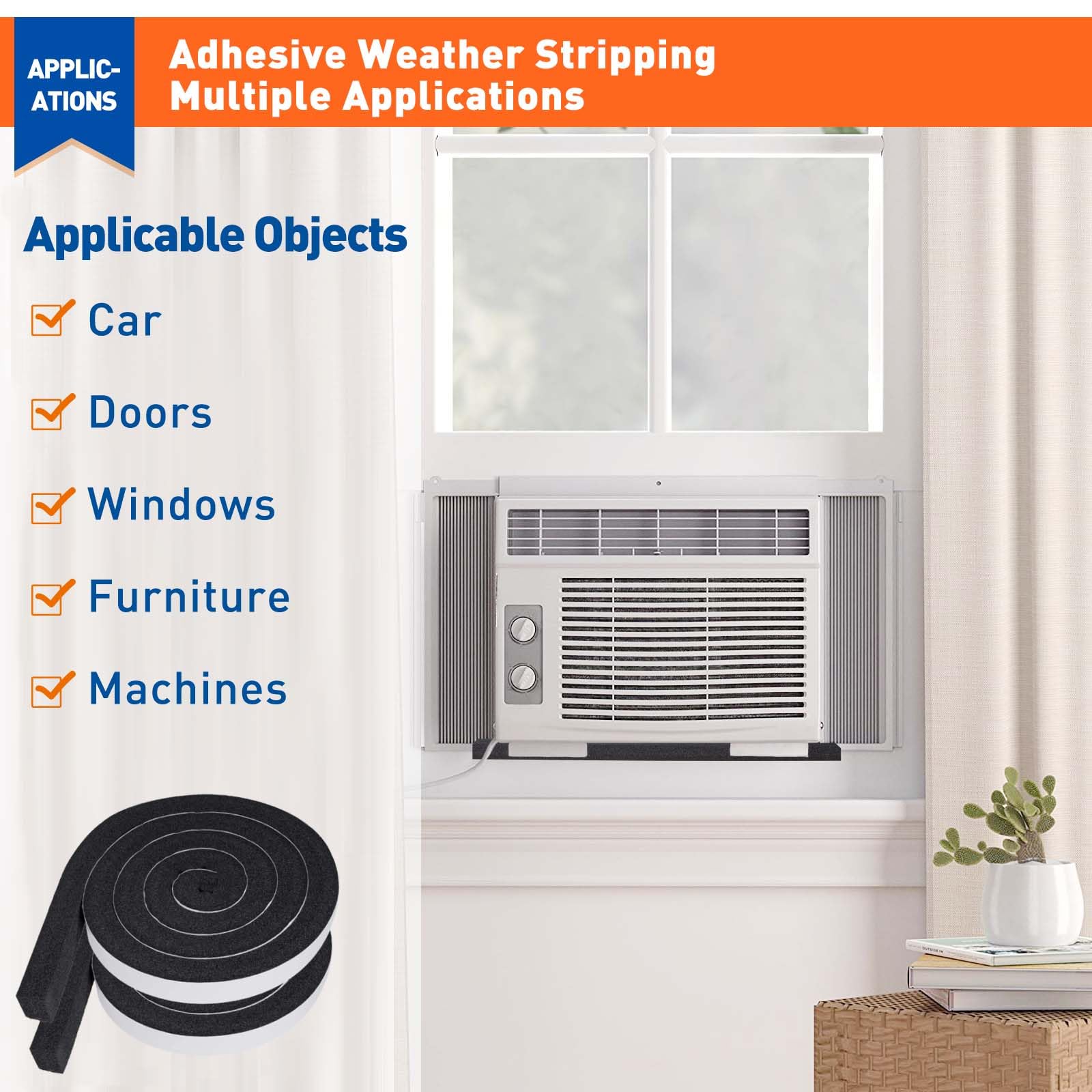 MAGZO Foam Tape Weatherstrip, 1 Inch Wide X 1 Inch Thick Window Air Conditioner Sealer Weather Stripping with High Resilience Soundproofing Total 13 Feet (6.5ft x 2 Rolls)
