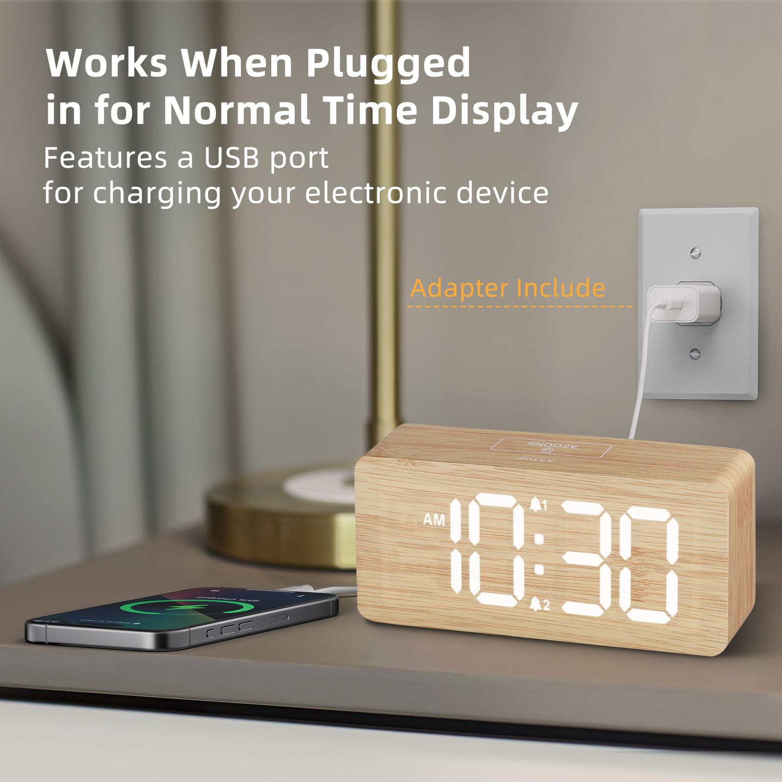 Wooden Digital Alarm Clocks for Bedrooms: Dimmable Dual Alarm Clock with Large Numbers for Bedside Desk - Bamboo