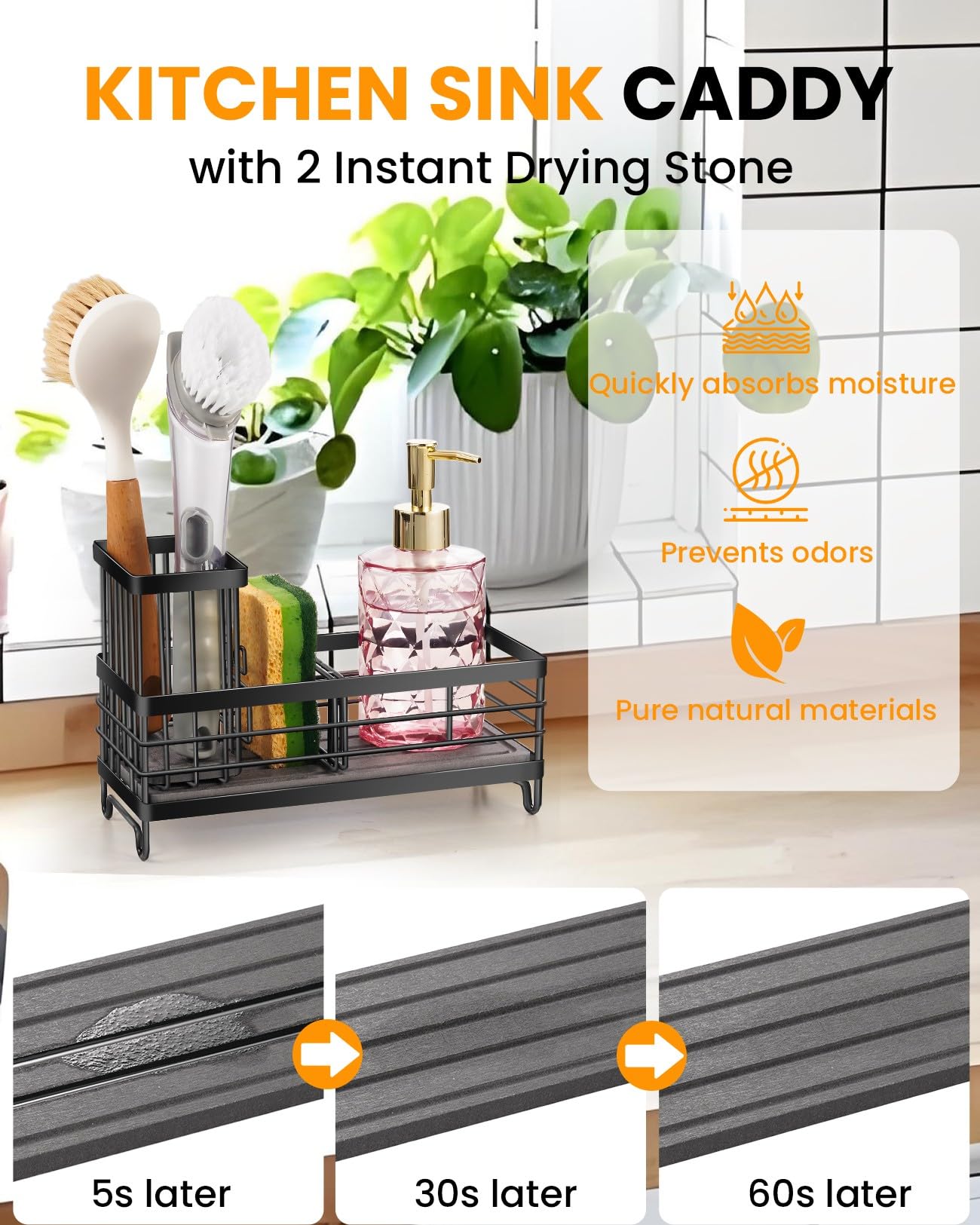 ARTLEO Kitchen Sink Caddy with Water Absorbent Diatomite Stone Sink Tray, Fast Drying Sink Organizer with High Dish Brush Holder Sponge Holder for Kitchen Sink, Stainless Steel