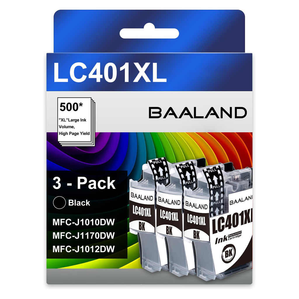 LC401XL Black Ink Cartridges Replacement for Brother LC401 Ink LC401BK High Yield (2.5X Standard Page Yield) 3-Pack LC401XLBK Compatible for Brother MFC-J1010DW, MFC-J1012DW, MFC-J1170DW Printer
