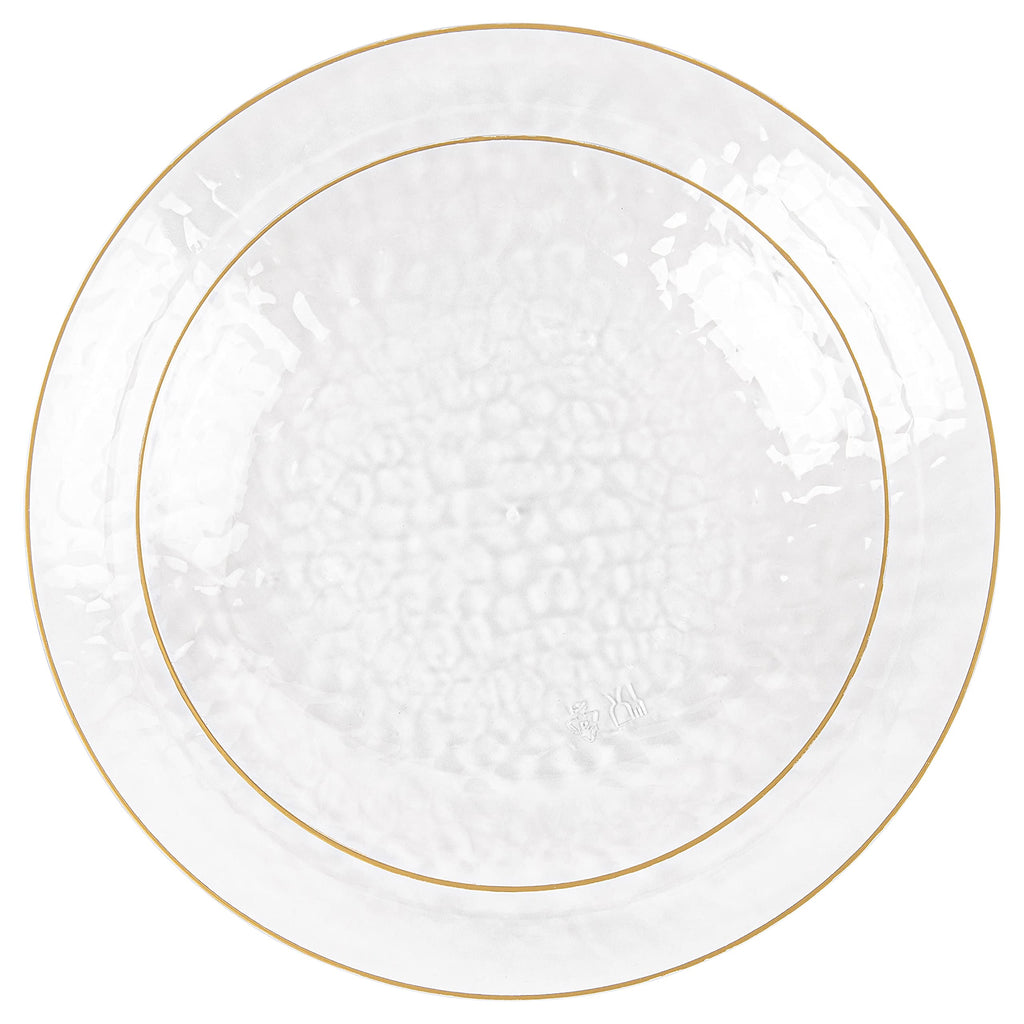 PLASTICPRO 32 Piece Combo Plates Set includes 16-7'' inch Plates & 16-9'' inch Plate Clear Plastic Organic Hammered Design Party Dishes Gold Rim, Elegant, Tableware, Dishes,