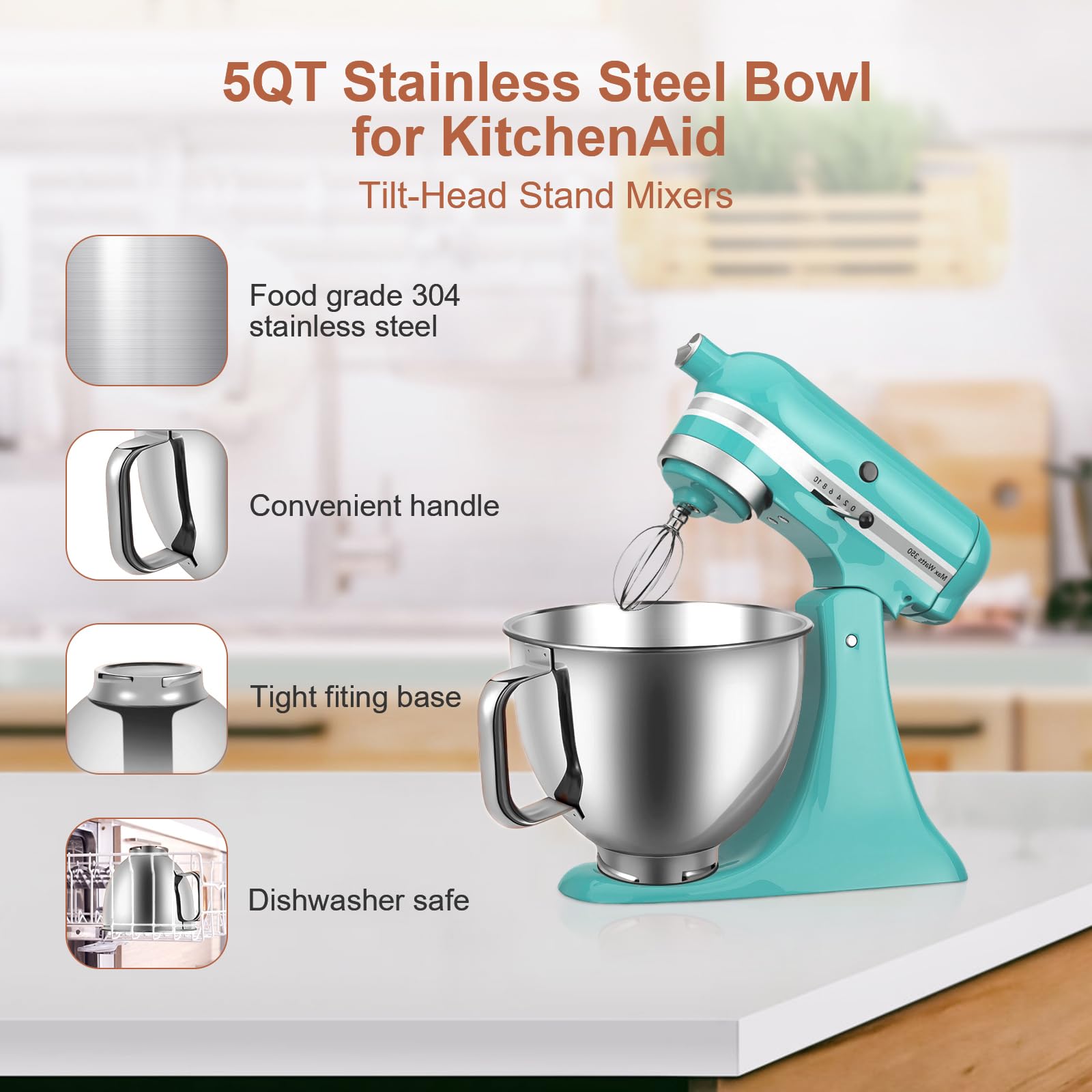 5 Quart Stainless Steel Mixer Bowl Compatible with KitchenAid 4.5 & 5 QT Tilt-Head Stand Mixers, Durable KitchenAid Replacement Bowl, Mixer Accessories for Baking & Cooking (5qt)