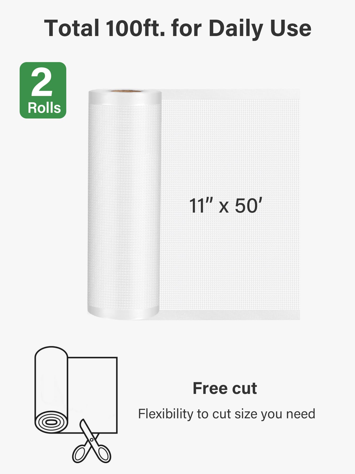 Kootek Vacuum Sealer Bags for Food, 2 Rolls for Custom Fit Food Storage, Meal Prep or Sous Vide, 11"x50' Commercial Grade Vacuum Seal Freezer Bags Rolls