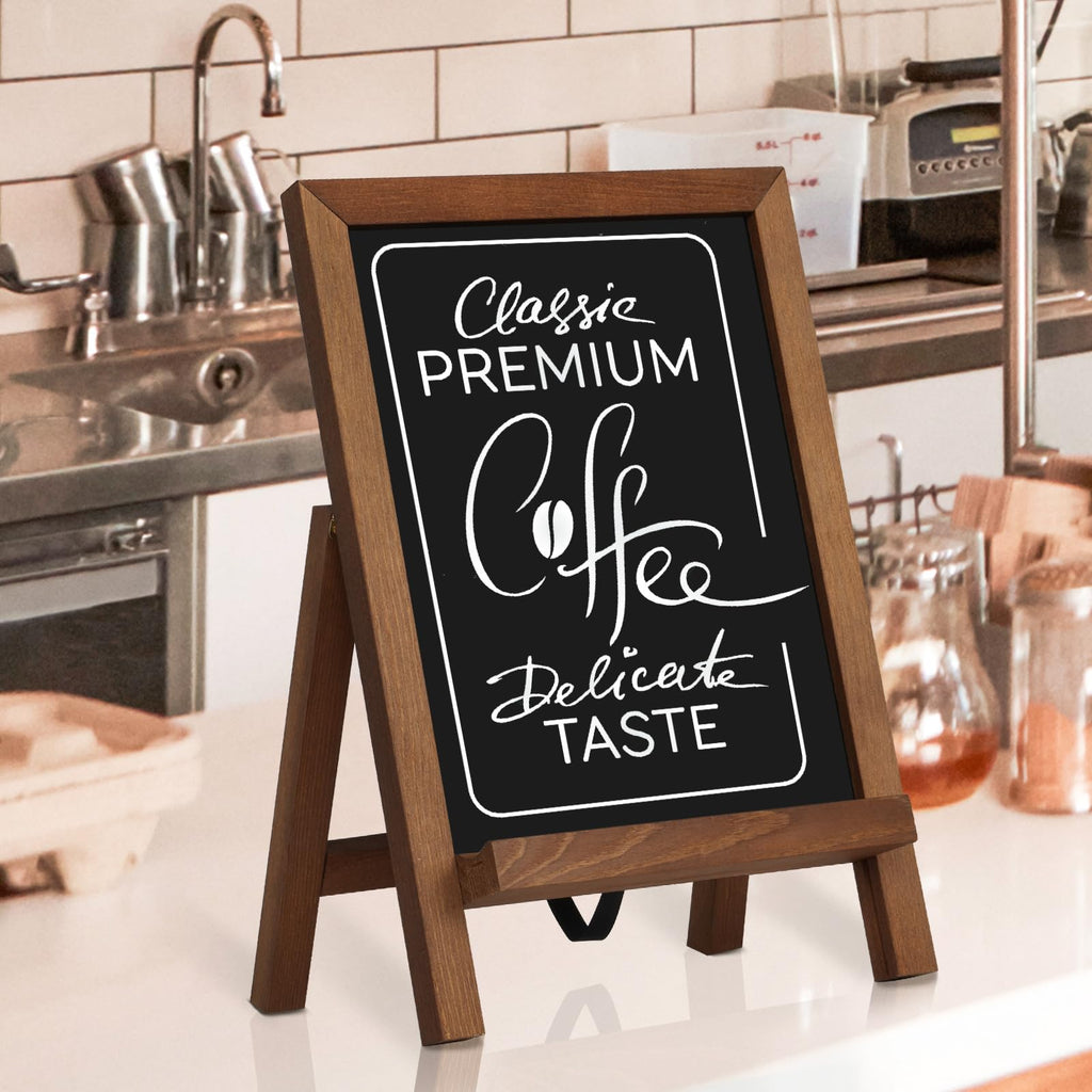 QUEENLINK Magnetic Chalkboard Sign with Stand, 9.5" x 14" Tabletop Wooden Framed Chalk Board, Small Desktop Menu Board for Kitchen Vintage Wedding（Brown）